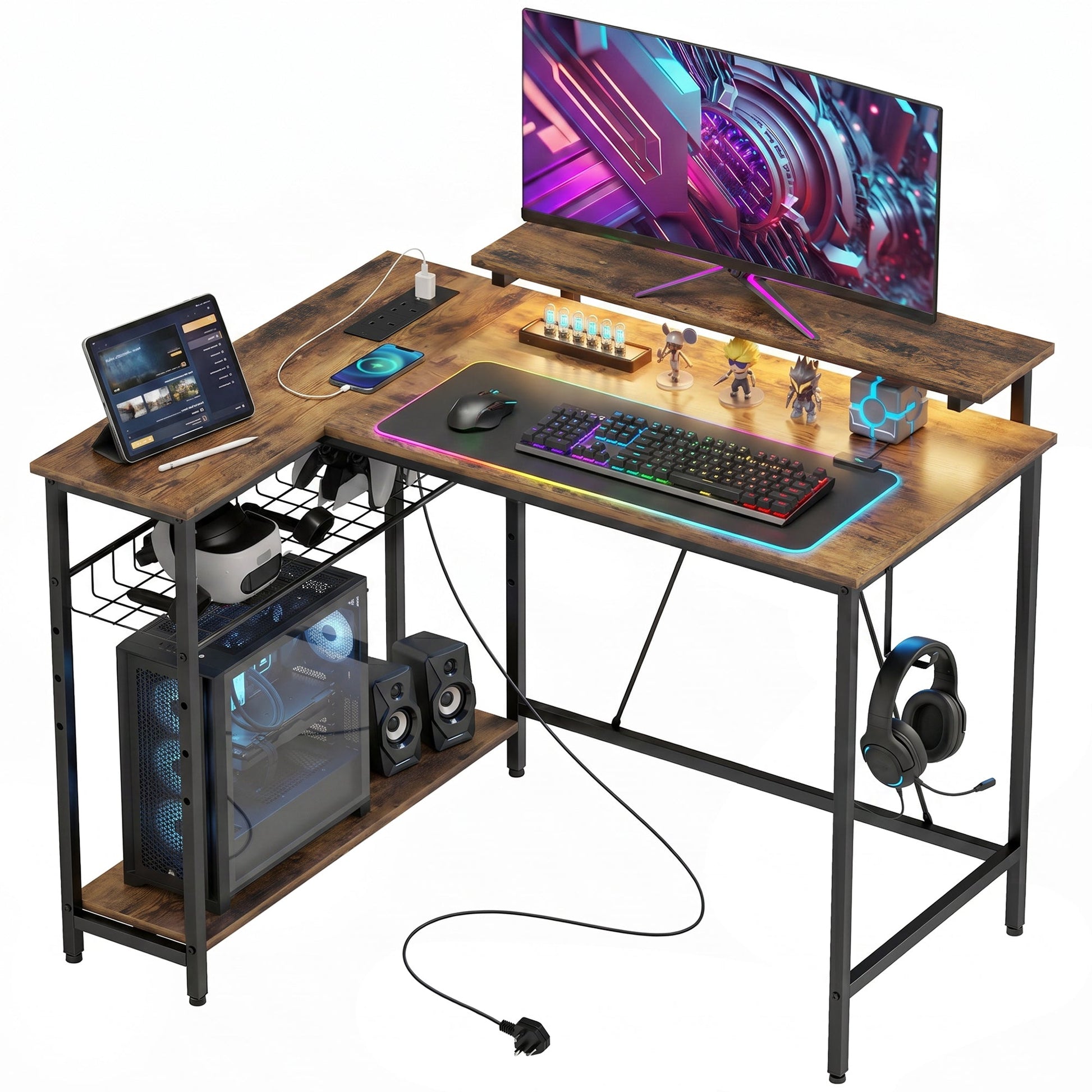 L Shaped Gaming Desk with LED Lights, Power Outlet, USB Charging Ports, 107cm Reversible Corner Computer Desk with Storage Shelves, Monitor Stand for Home Office, Small Space, Rustic Brown