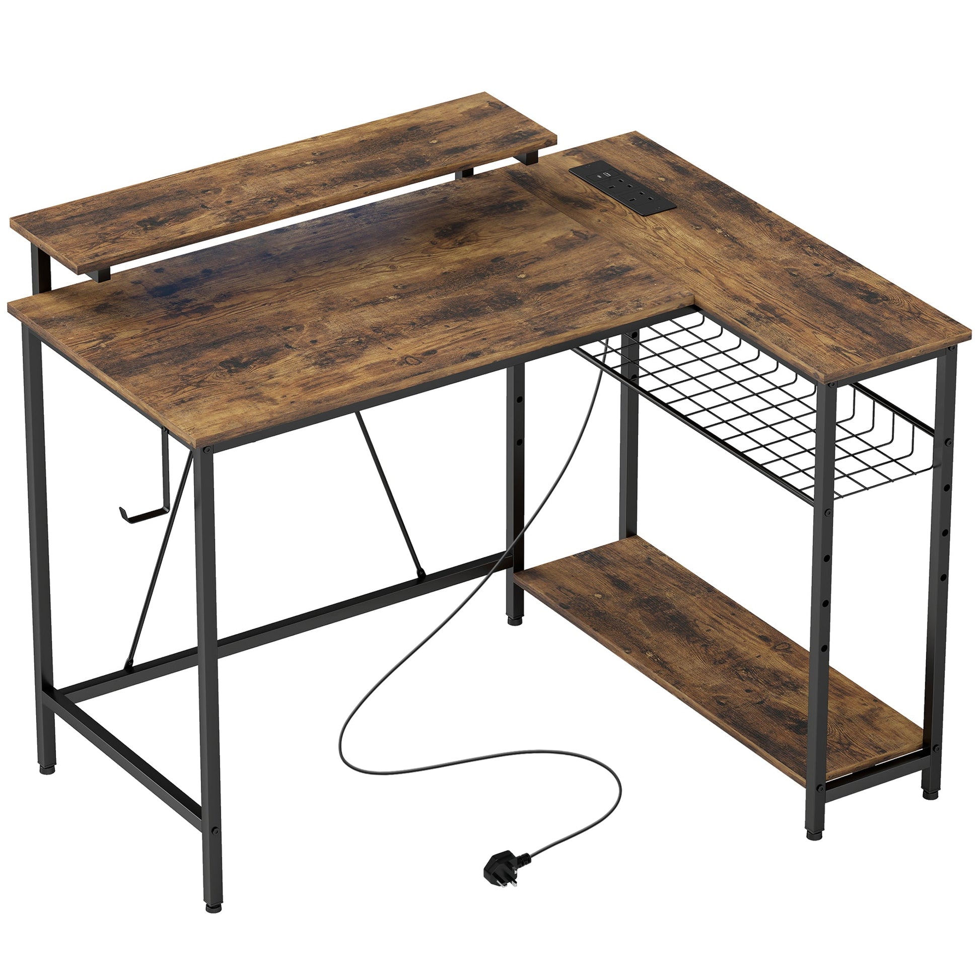 L Shaped Gaming Desk with LED Lights, Power Outlet, USB Charging Ports, 107cm Reversible Corner Computer Desk with Storage Shelves, Monitor Stand for Home Office, Small Space, Rustic Brown