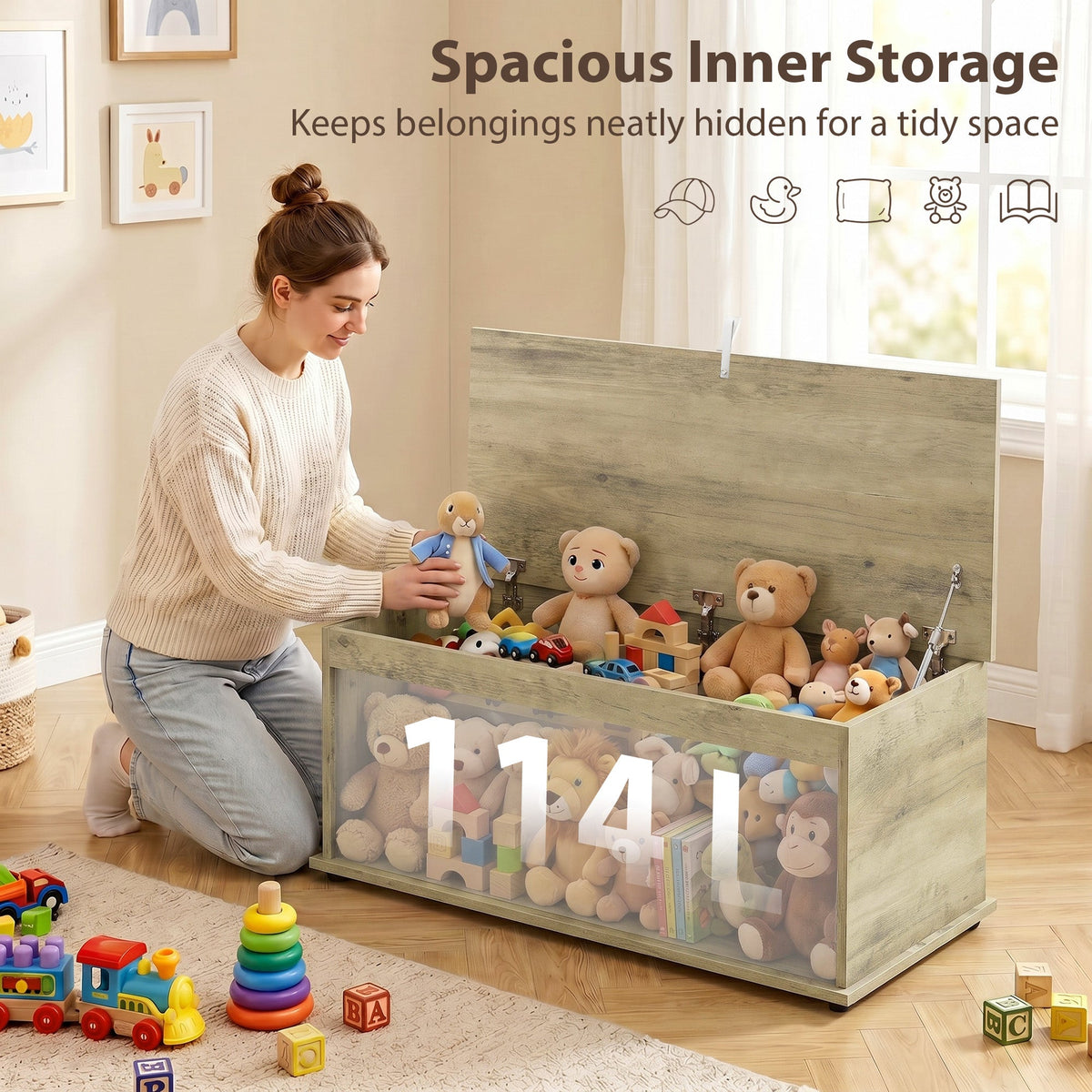 Storage Chest, Large 114L Blanket Box, Shoe Bench with Safety Hinged Lid, Storage Trunk, Bed End Bench for Bedroom, Hallway, Living room, Playroom, 100 x 40 x 40cm, Grey Wood Effect