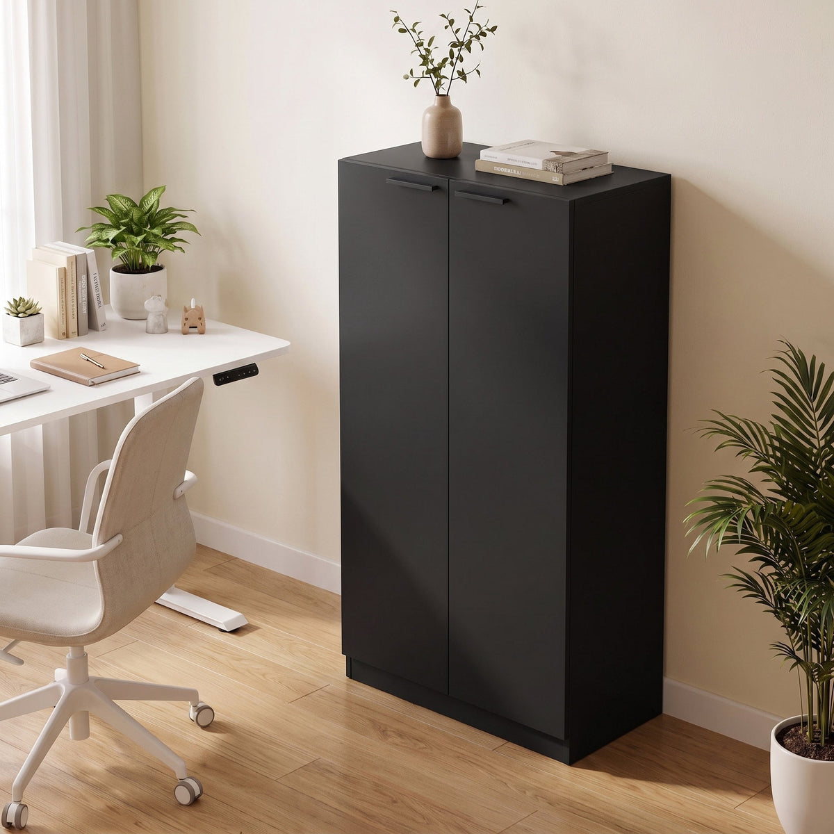 120 cm Tall Storage Cabinet Cupboard, 3-Tier File Organiser Wooden Filing Cabinet, Soft-Close Hinges, for Tool Garage Storage, Home Office, Study, Living Room, Black