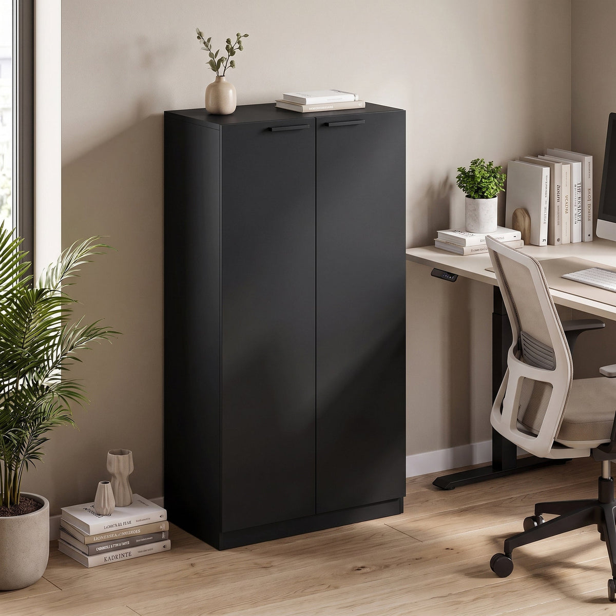 120 cm Tall Storage Cabinet Cupboard, 3-Tier File Organiser Wooden Filing Cabinet, Soft-Close Hinges, for Tool Garage Storage, Home Office, Study, Living Room, Black