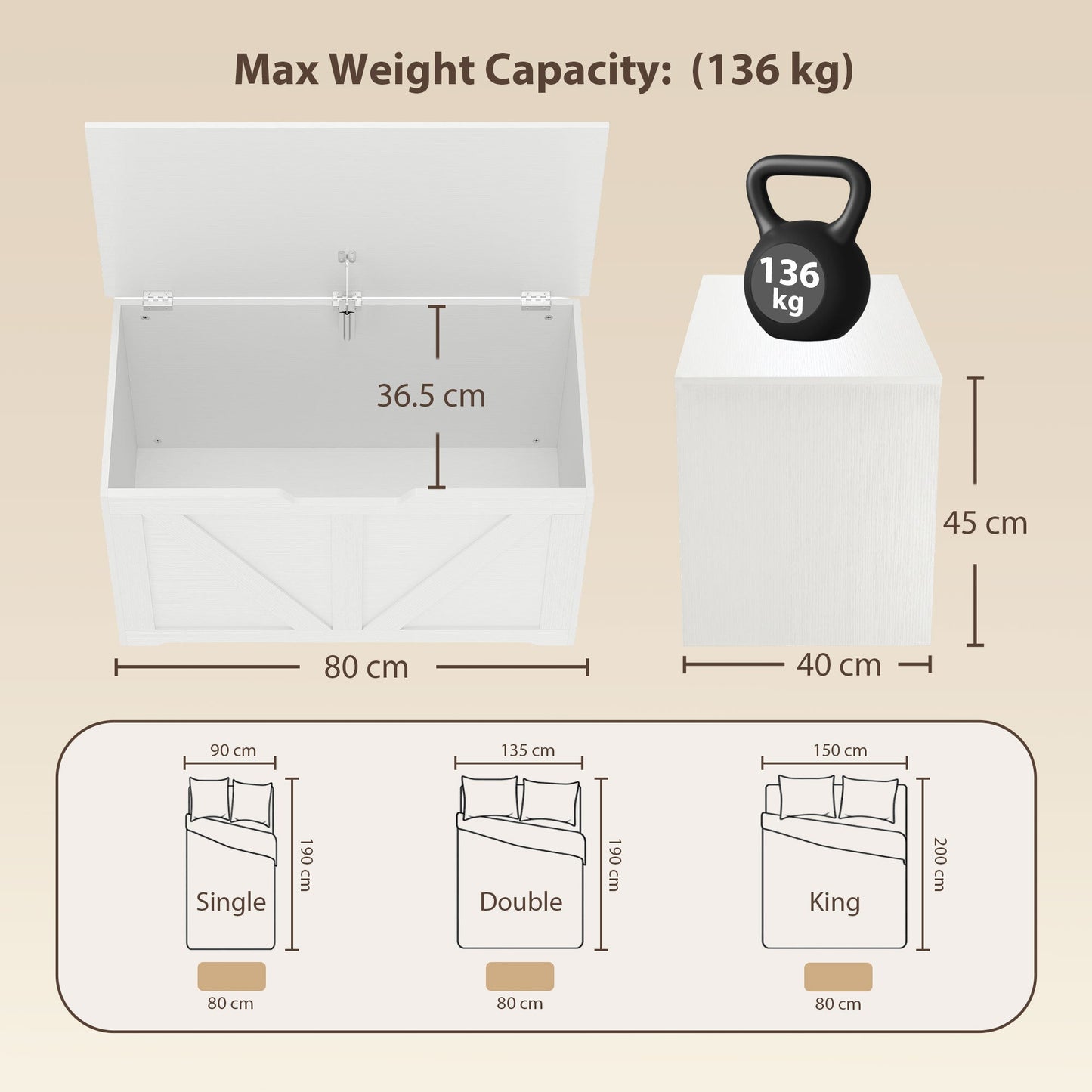 100L Storage Chest, Shoe Storage Trunk Bench Box with Safety Hinge and U-shaped Cut-out Pull, Blanket Box Ottoman for Bedroom, Living Room, Entryway, 80 x 40 x 45 cm, White Wood-Effect