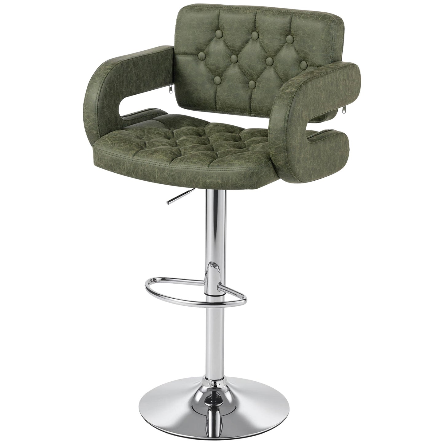 Swivel Bar Stool with Extra Large Seat, PU Leather Upholstered Adjustable Barstool with Back, Arm and Footrest, Breakfast Bar Chair for Bistro, Kitchen, Green