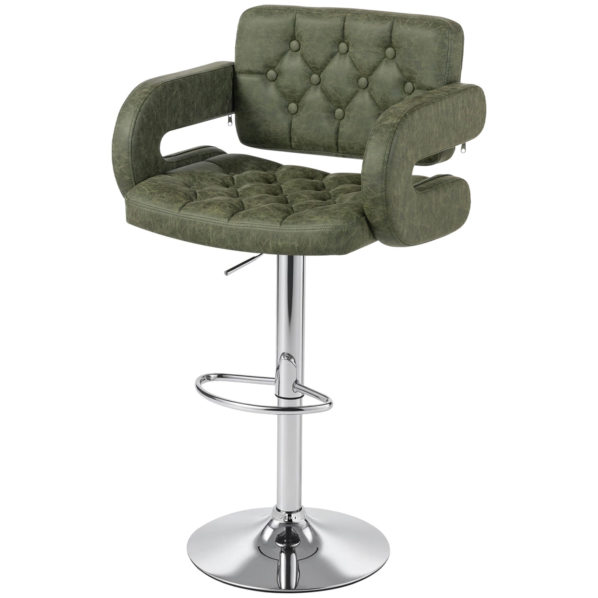 Swivel Bar Stool with Extra Large Seat, PU Leather Upholstered Adjustable Barstool with Back, Arm and Footrest, Breakfast Bar Chair for Bistro, Kitchen, Green