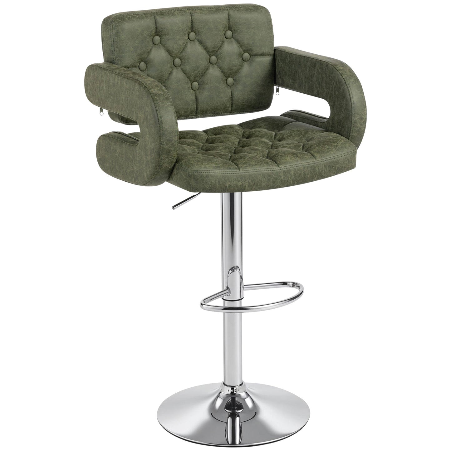 Swivel Bar Stool with Extra Large Seat, PU Leather Upholstered Adjustable Barstool with Back, Arm and Footrest, Breakfast Bar Chair for Bistro, Kitchen, Green