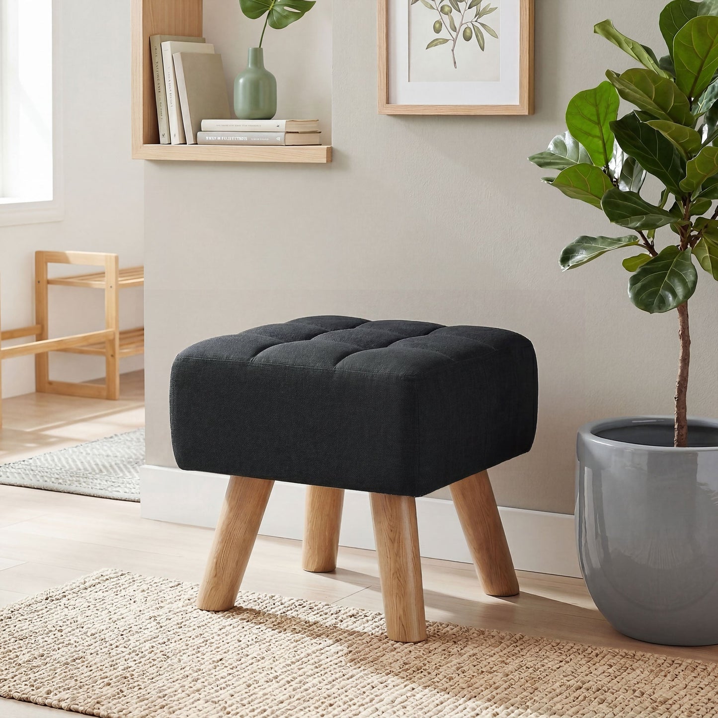 Modern Tufted Footstool, Fabric Foot Stool with Rubber Wood Legs, Padded Seat, for Living Room, Bedroom, Entryway, Black