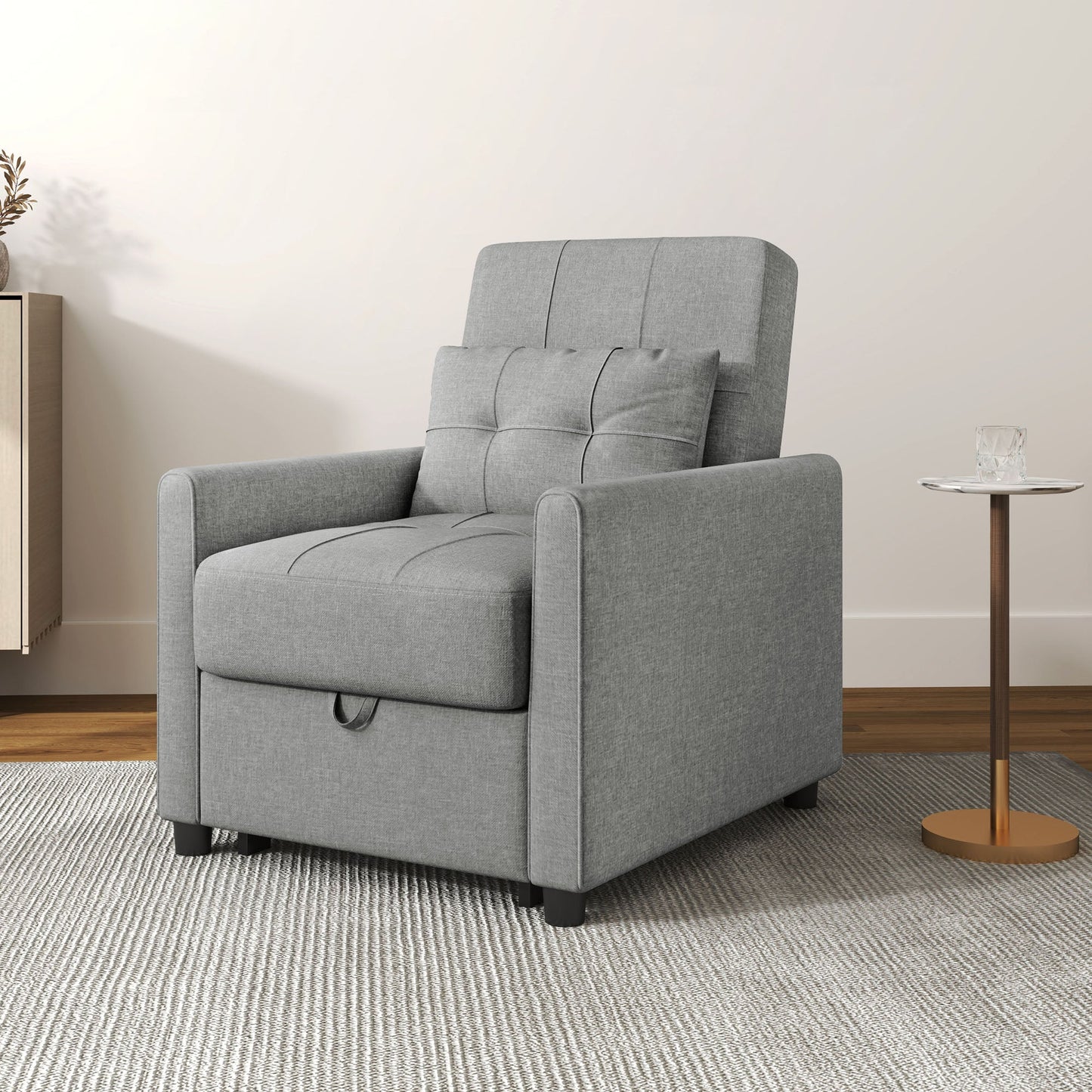 HOMCOM Compact Single Chair Bed, Pull Out Chair Bed, Convertible Sleeper Chair with Adjustable Backrest, Pillow, Side Pockets for Home Office, Bedroom, Living Room, Light Grey