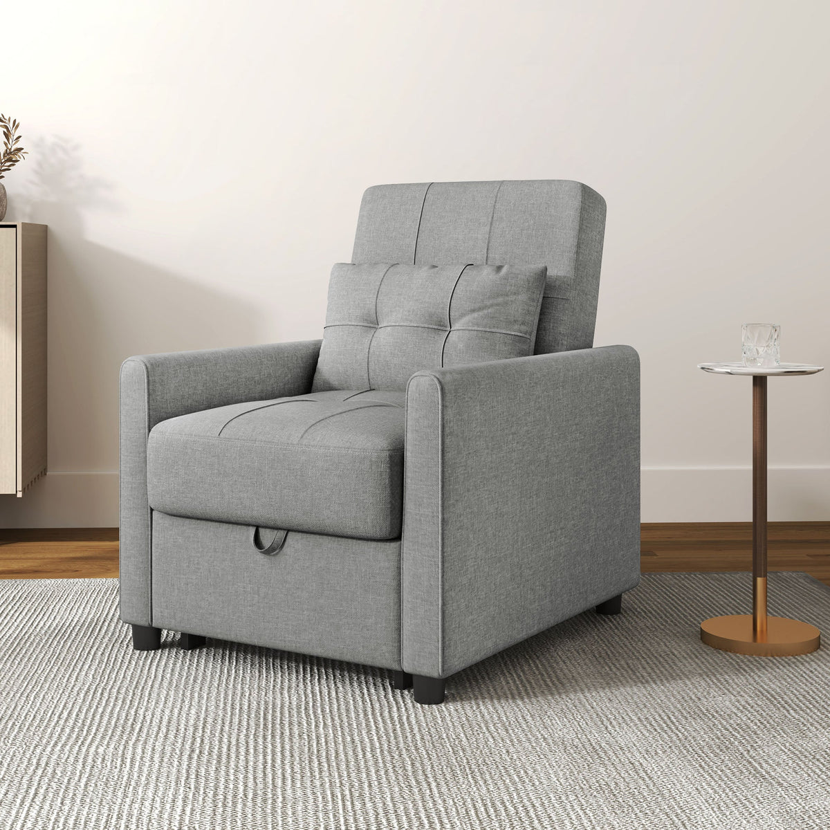 HOMCOM Compact Single Chair Bed, Pull Out Chair Bed, Convertible Sleeper Chair with Adjustable Backrest, Pillow, Side Pockets for Home Office, Bedroom, Living Room, Light Grey
