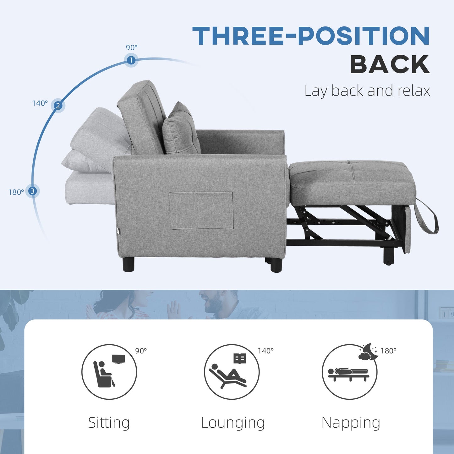 HOMCOM Compact Single Chair Bed, Pull Out Chair Bed, Convertible Sleeper Chair with Adjustable Backrest, Pillow, Side Pockets for Home Office, Bedroom, Living Room, Light Grey
