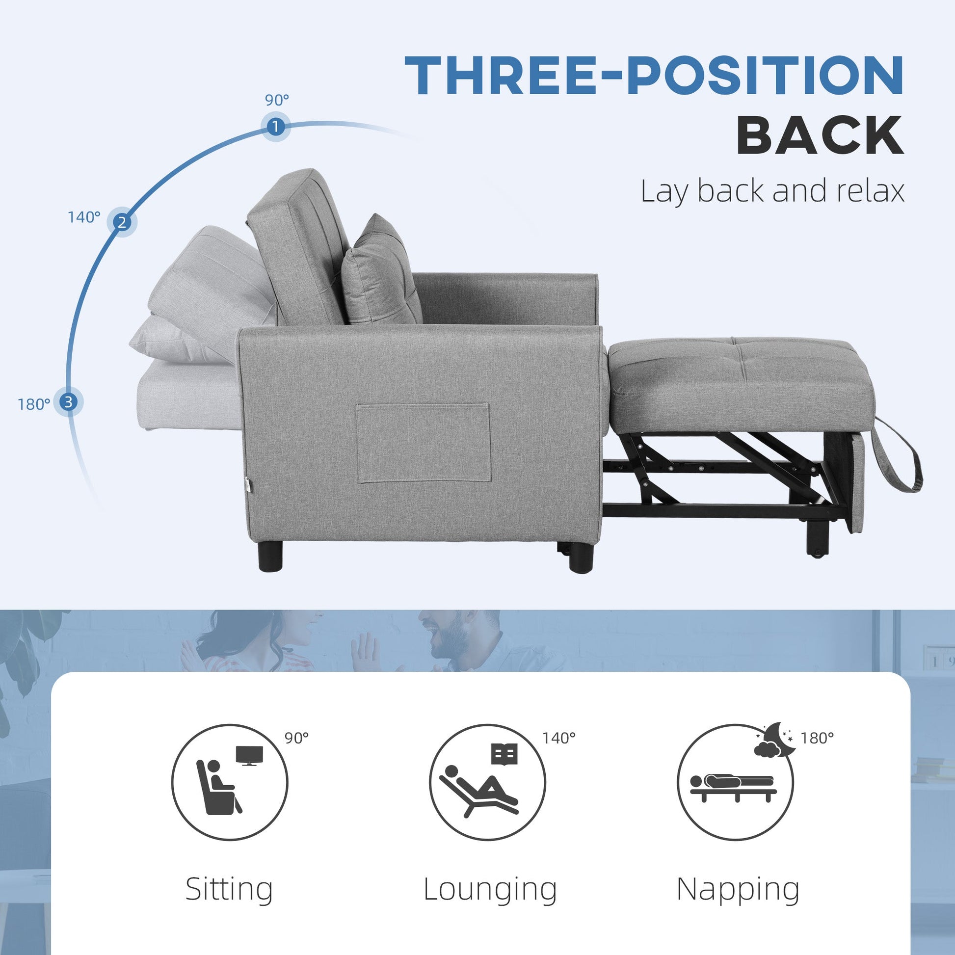 HOMCOM Compact Single Chair Bed, Pull Out Chair Bed, Convertible Sleeper Chair with Adjustable Backrest, Pillow, Side Pockets for Home Office, Bedroom, Living Room, Light Grey