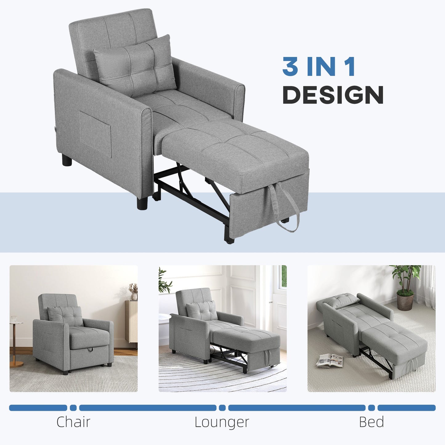 HOMCOM Compact Single Chair Bed, Pull Out Chair Bed, Convertible Sleeper Chair with Adjustable Backrest, Pillow, Side Pockets for Home Office, Bedroom, Living Room, Light Grey