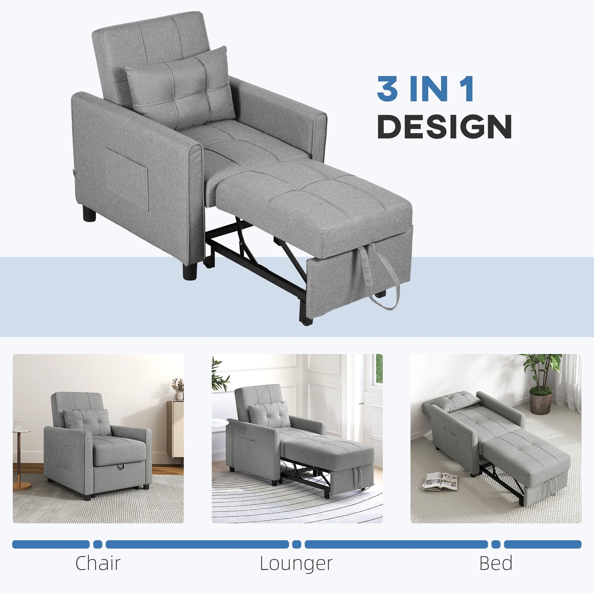 HOMCOM Compact Single Chair Bed, Pull Out Chair Bed, Convertible Sleeper Chair with Adjustable Backrest, Pillow, Side Pockets for Home Office, Bedroom, Living Room, Light Grey