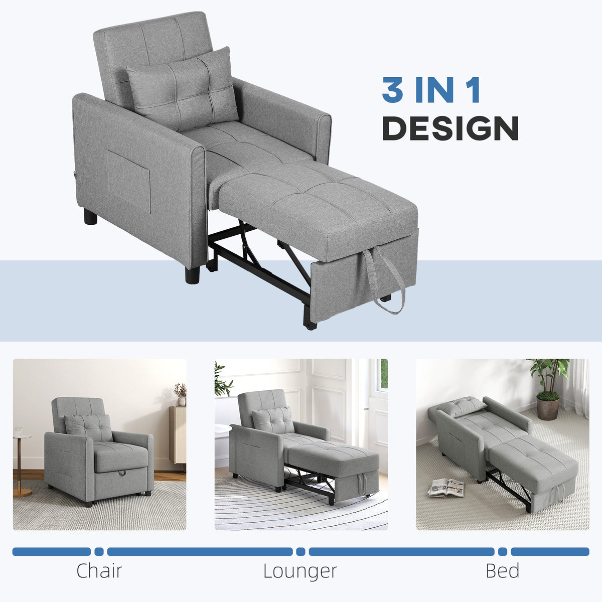 HOMCOM Compact Single Chair Bed, Pull Out Chair Bed, Convertible Sleeper Chair with Adjustable Backrest, Pillow, Side Pockets for Home Office, Bedroom, Living Room, Light Grey