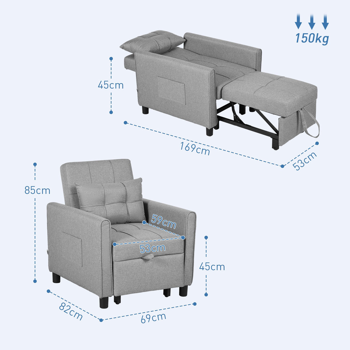 HOMCOM Compact Single Chair Bed, Pull Out Chair Bed, Convertible Sleeper Chair with Adjustable Backrest, Pillow, Side Pockets for Home Office, Bedroom, Living Room, Light Grey