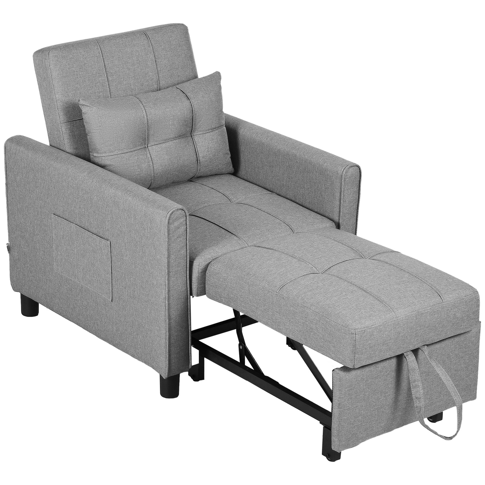 HOMCOM Compact Single Chair Bed, Pull Out Chair Bed, Convertible Sleeper Chair with Adjustable Backrest, Pillow, Side Pockets for Home Office, Bedroom, Living Room, Light Grey