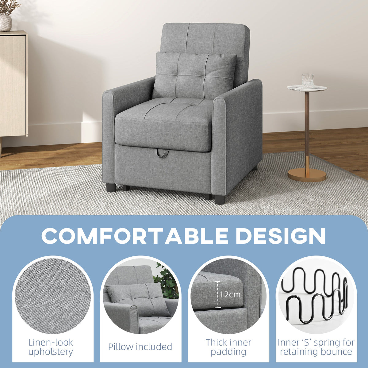 HOMCOM Compact Single Chair Bed, Pull Out Chair Bed, Convertible Sleeper Chair with Adjustable Backrest, Pillow, Side Pockets for Home Office, Bedroom, Living Room, Light Grey