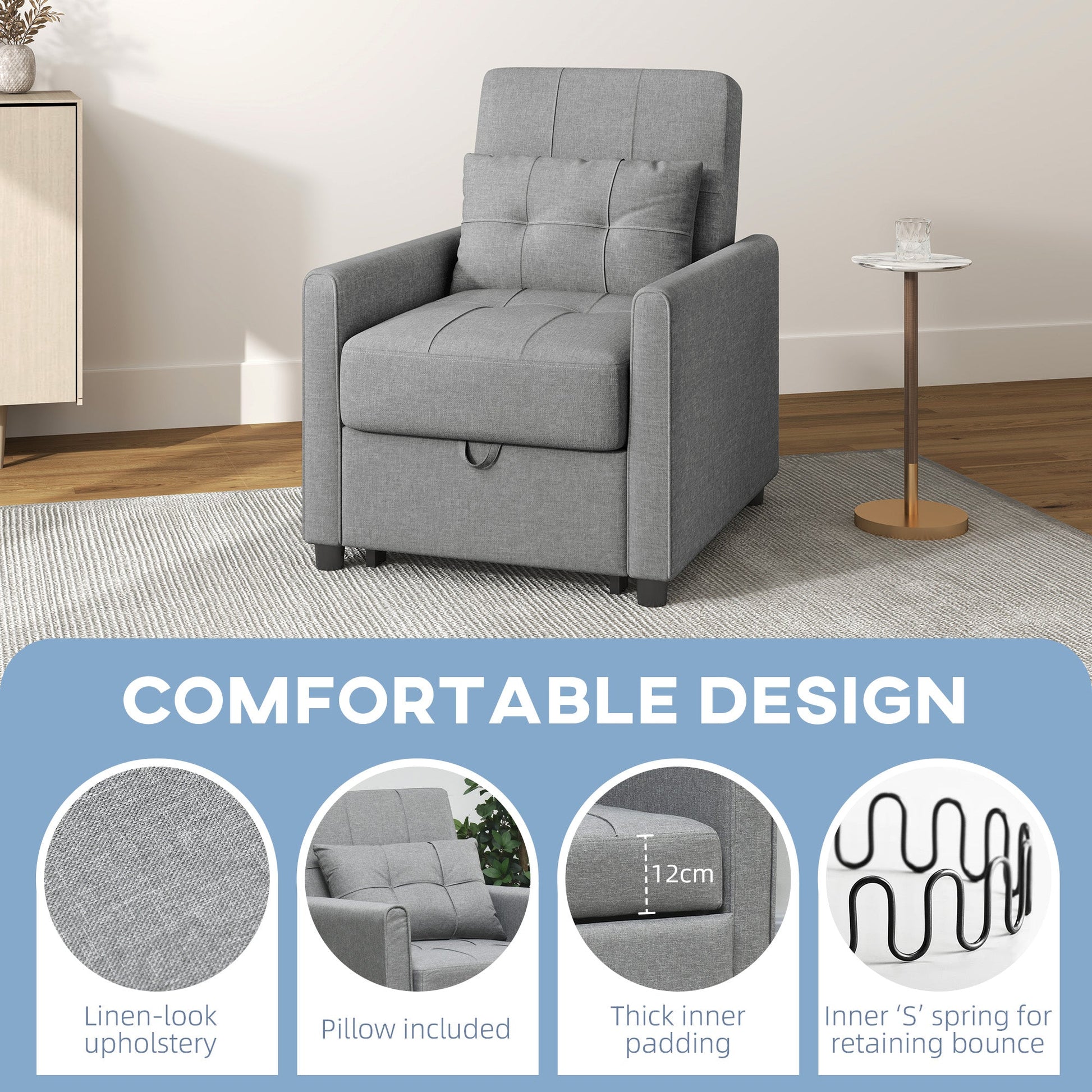 HOMCOM Compact Single Chair Bed, Pull Out Chair Bed, Convertible Sleeper Chair with Adjustable Backrest, Pillow, Side Pockets for Home Office, Bedroom, Living Room, Light Grey