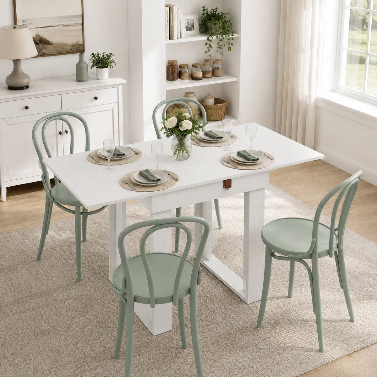 Folding Dining Table for 4 with Under-Table Storage, 70-140 cm Modern Extendable Kitchen Table with Steel Rail, Space-Saving for Kitchen, Dining Room, White