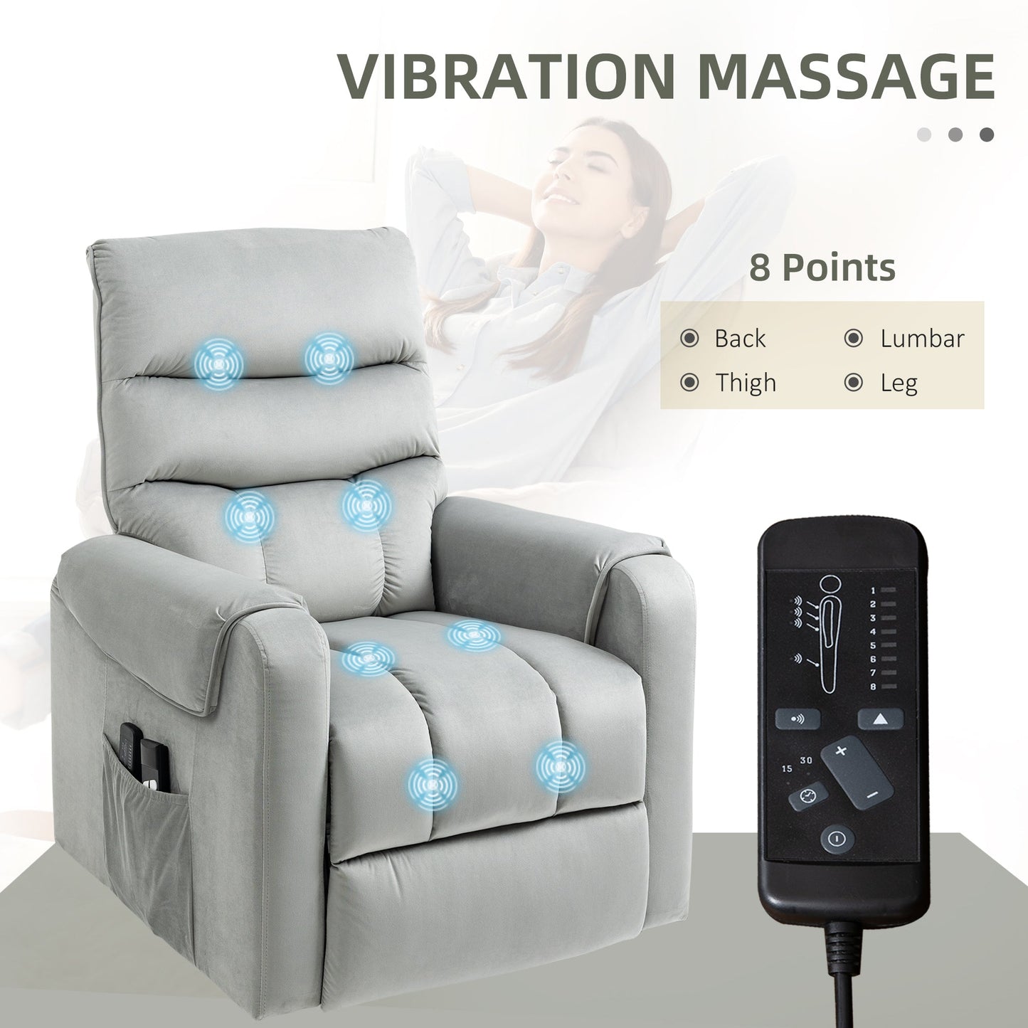 HOMCOM Recliner Electric Power Lift Chair for Elderly with 8 Vibration Massage Points, Upholstered Reclining Chair with Remote Controls, Side Pockets, Grey