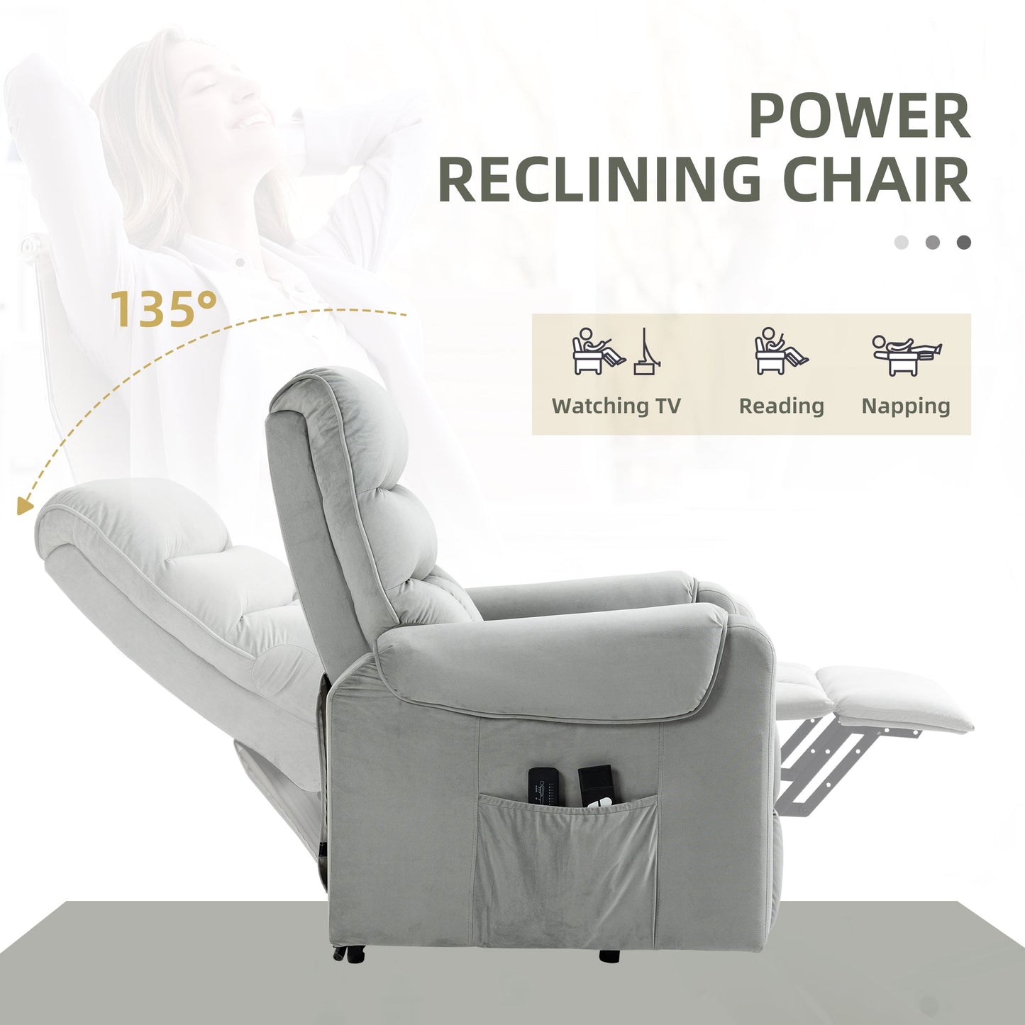 HOMCOM Recliner Electric Power Lift Chair for Elderly with 8 Vibration Massage Points, Upholstered Reclining Chair with Remote Controls, Side Pockets, Grey