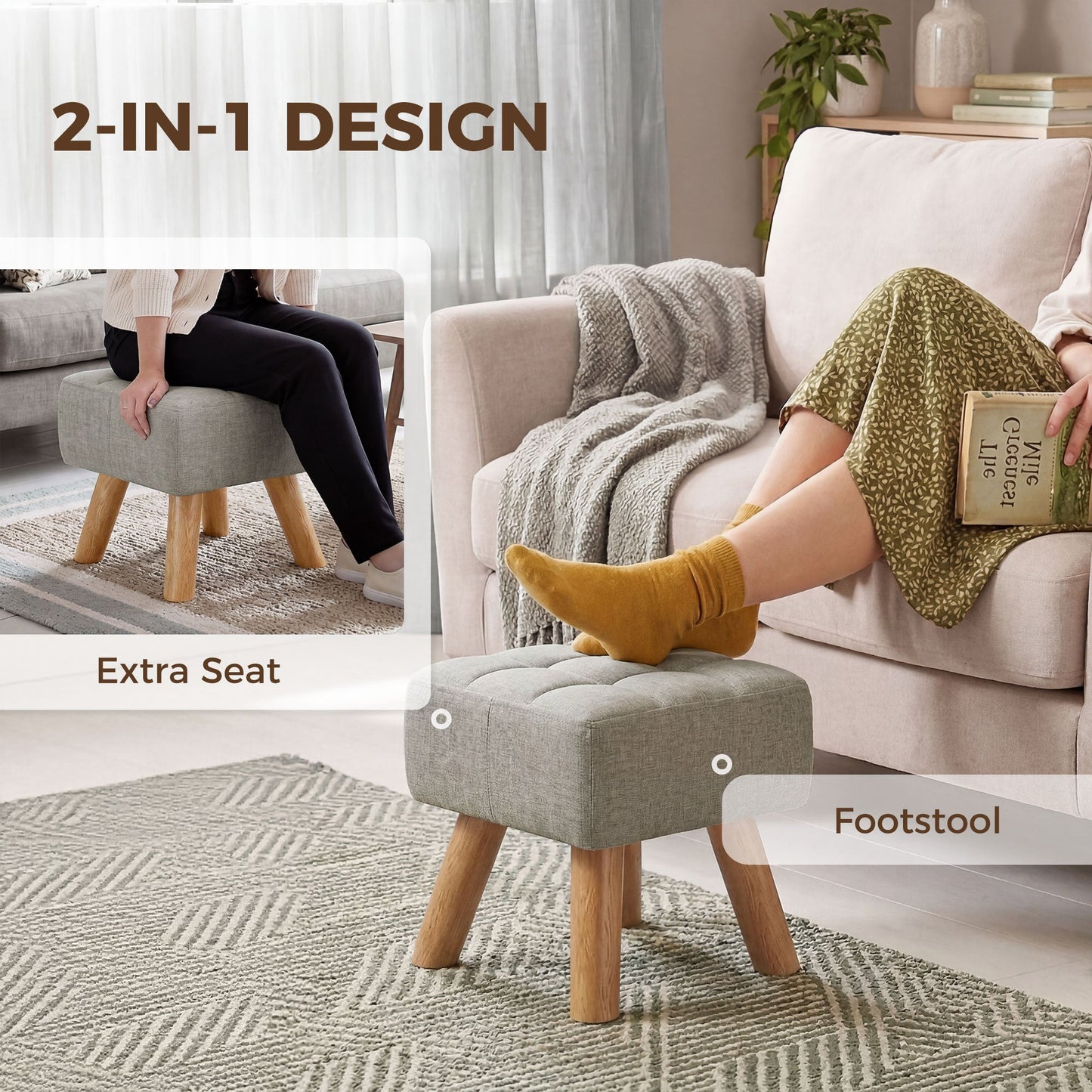 Modern Tufted Footstool, Fabric Foot Stool with Rubber Wood Legs, Padded Seat, for Living Room, Bedroom, Entryway, Light Brown