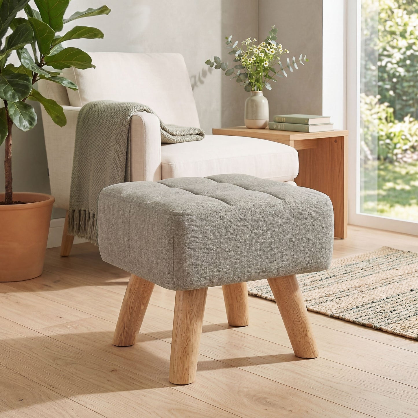 Modern Tufted Footstool, Fabric Foot Stool with Rubber Wood Legs, Padded Seat, for Living Room, Bedroom, Entryway, Light Brown