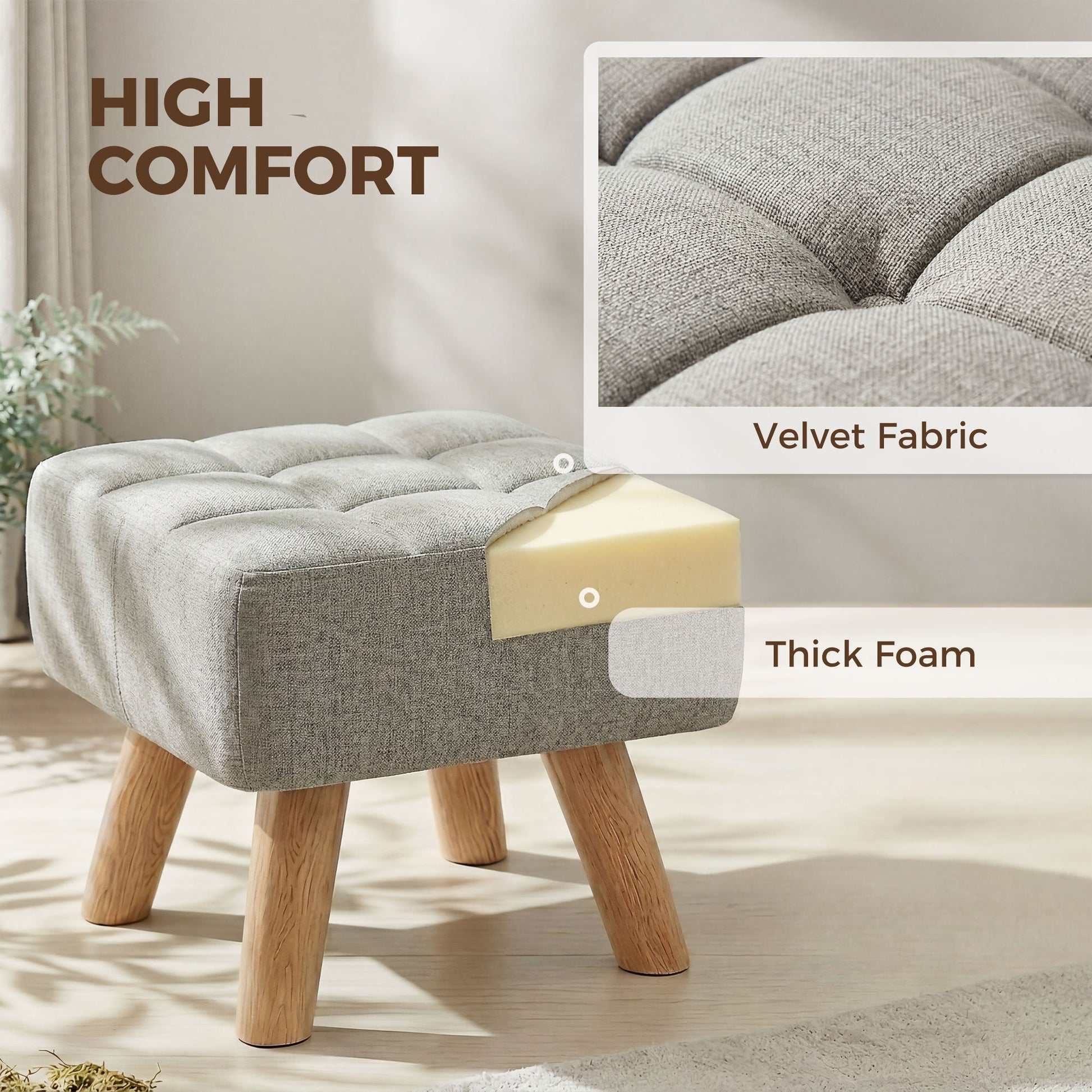 Modern Tufted Footstool, Fabric Foot Stool with Rubber Wood Legs, Padded Seat, for Living Room, Bedroom, Entryway, Light Brown