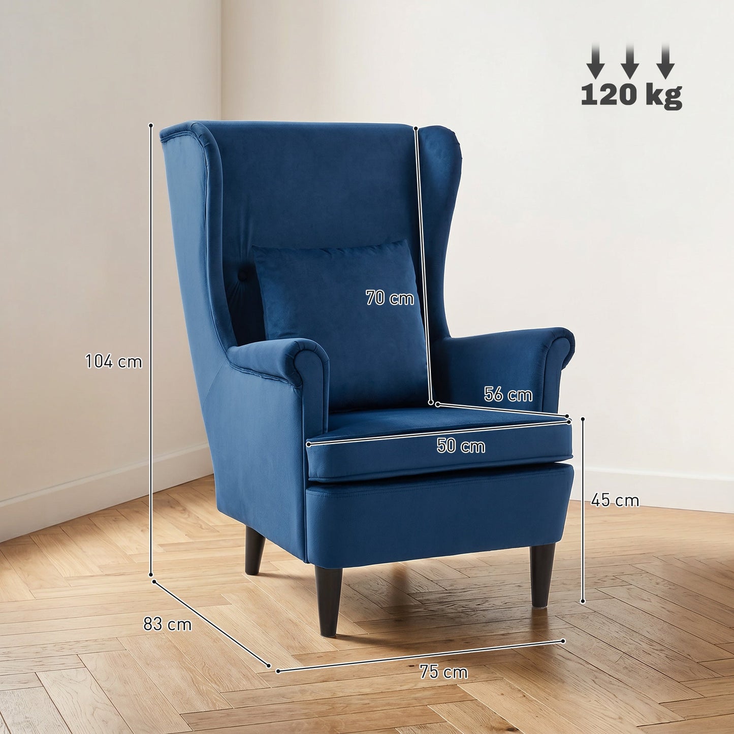 Modern Accent Chair, Upholstered Wingback Armchair with High Backrest and Pillow, Velvet-Feel Fabric Reading Chair with Solid Wood Legs for Living Room, Bedroom, Home Office, Blue