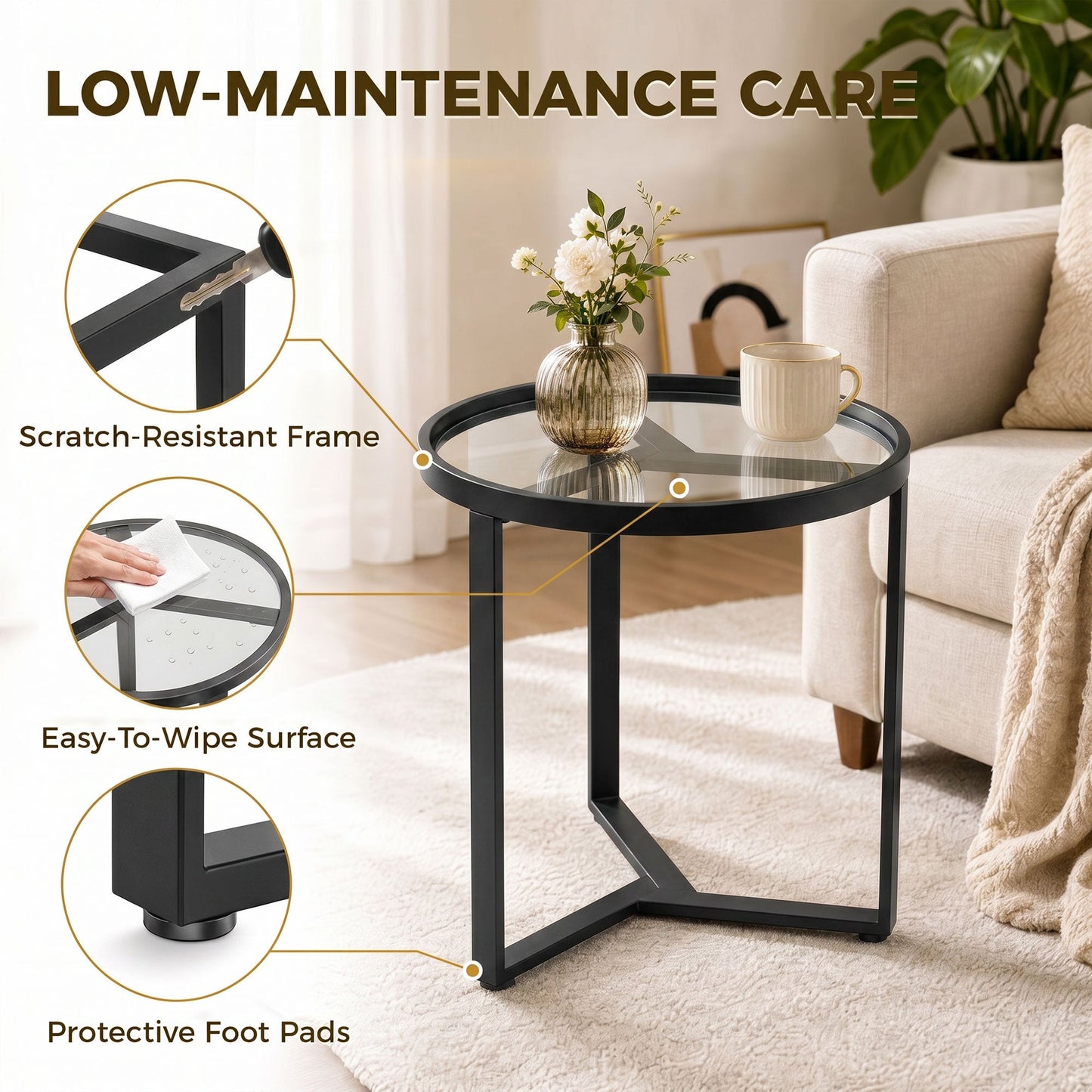 Round Side Table with Tempered Glass Top, Modern End Table with Geometric Metal Frame for Small Space, Living Room and Bedroom, Black