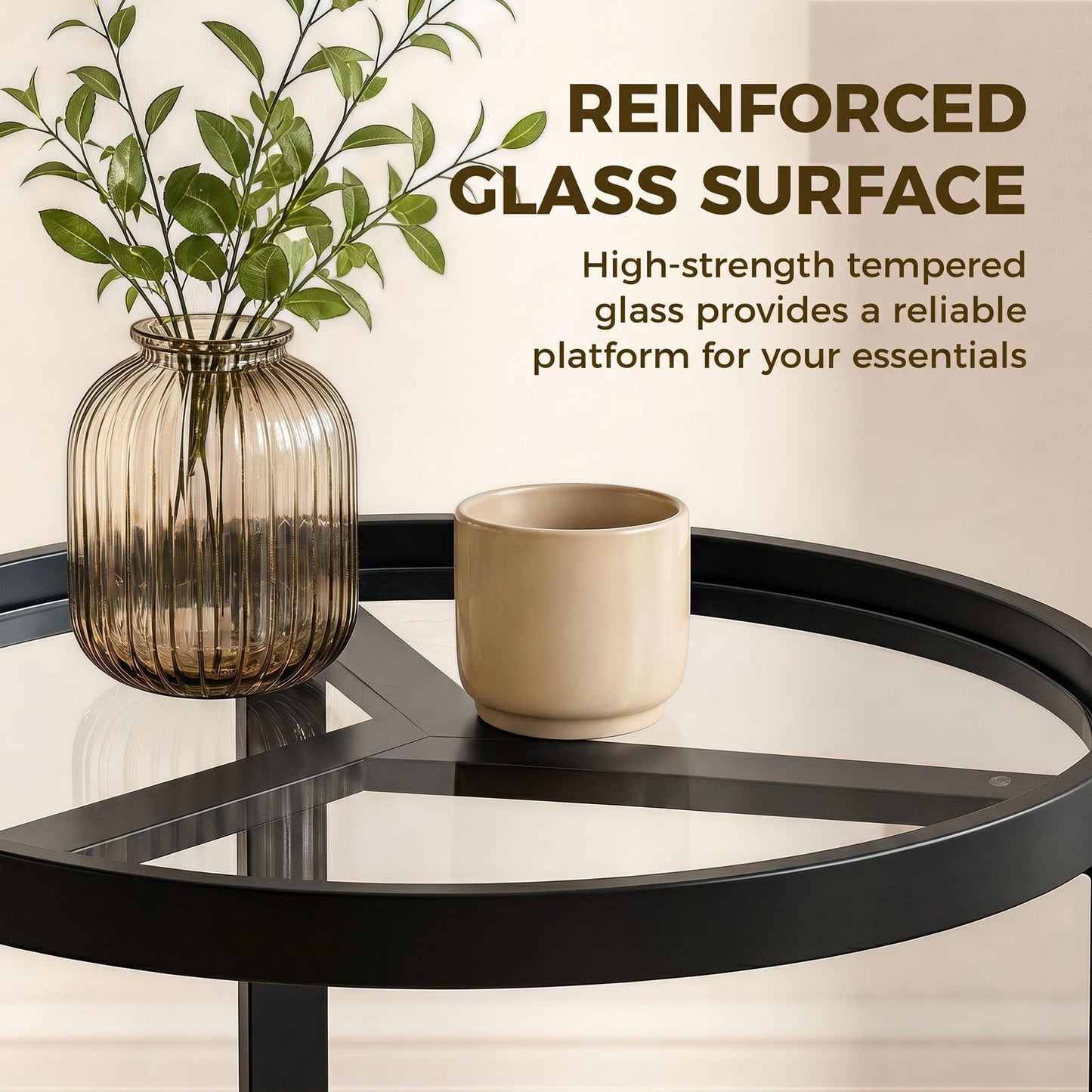 Round Side Table with Tempered Glass Top, Modern End Table with Geometric Metal Frame for Small Space, Living Room and Bedroom, Black