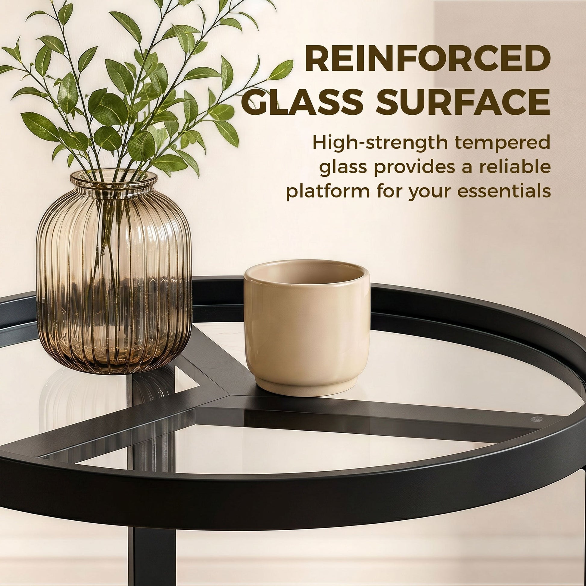 Round Side Table with Tempered Glass Top, Modern End Table with Geometric Metal Frame for Small Space, Living Room and Bedroom, Black