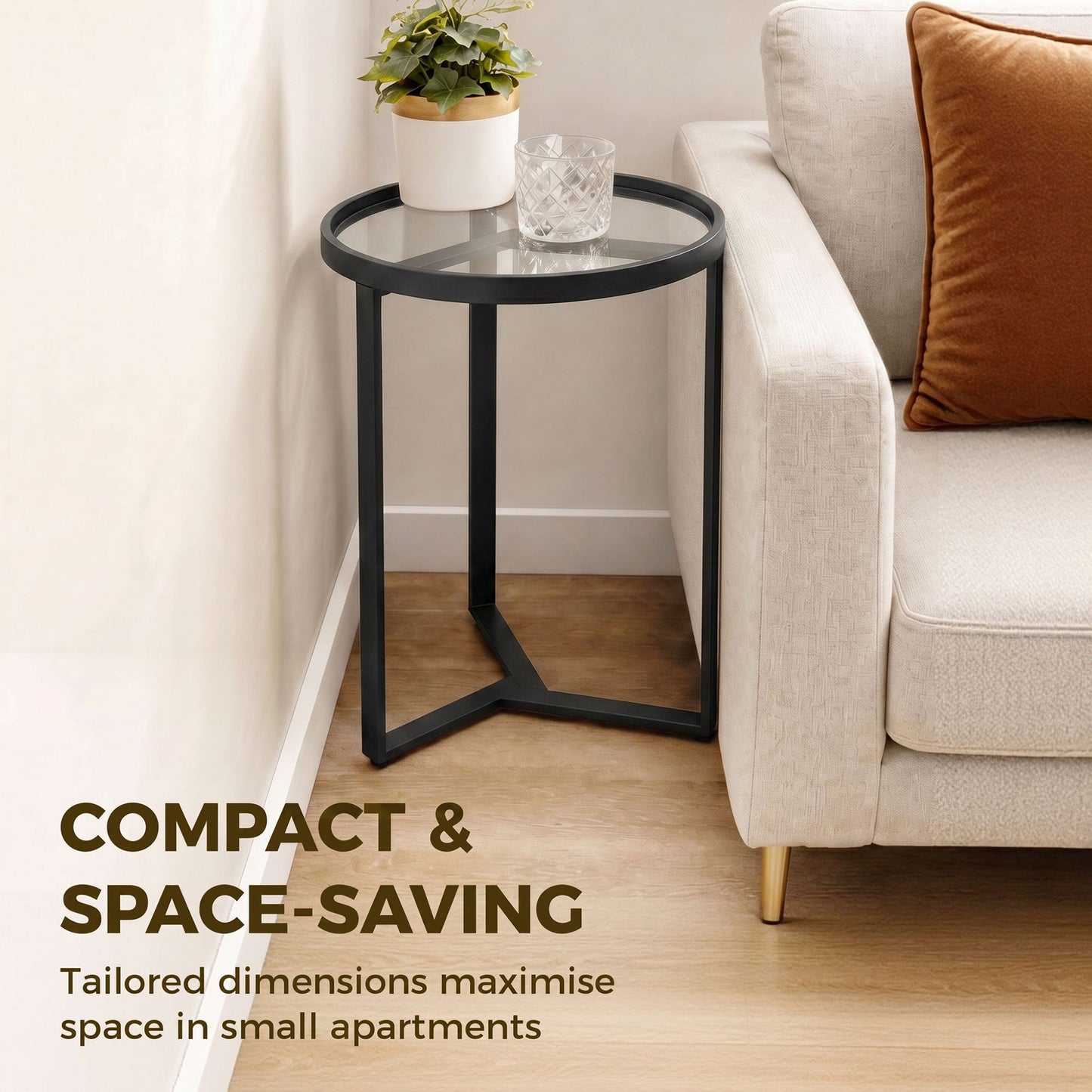 Round Side Table with Tempered Glass Top, Modern End Table with Geometric Metal Frame for Small Space, Living Room and Bedroom, Black