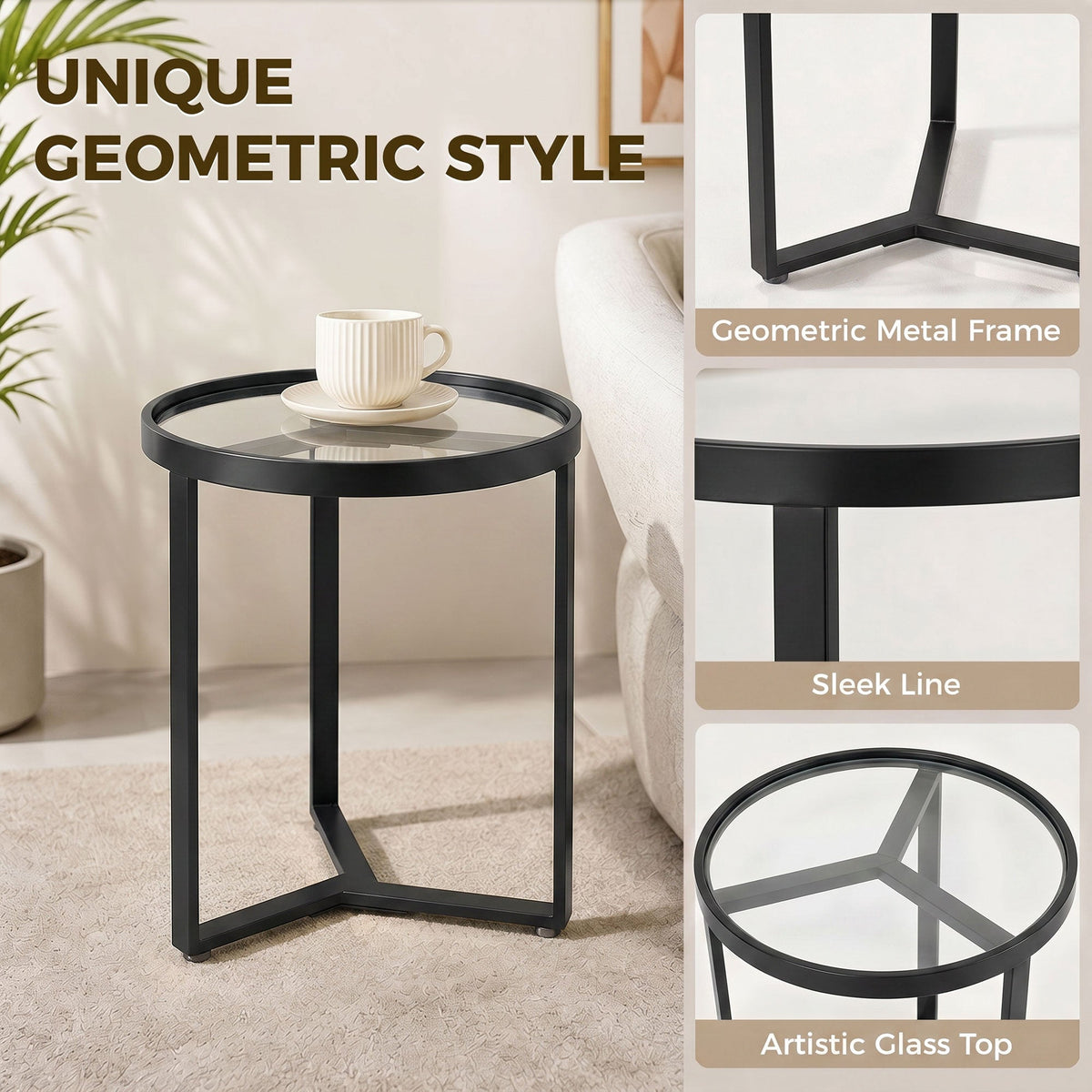 Round Side Table with Tempered Glass Top, Modern End Table with Geometric Metal Frame for Small Space, Living Room and Bedroom, Black