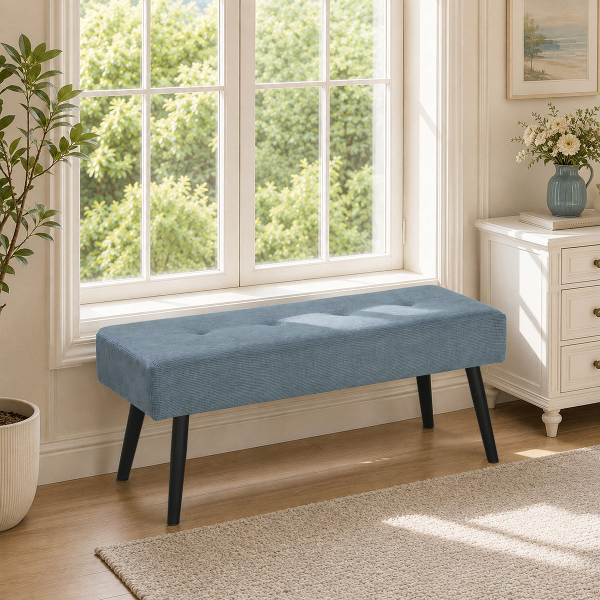 End of Bed Bench, Corduroy Bedroom Bench with Thick Padding and Steel Legs, Tufted Window Seat for Entryway, Living Room, Blue