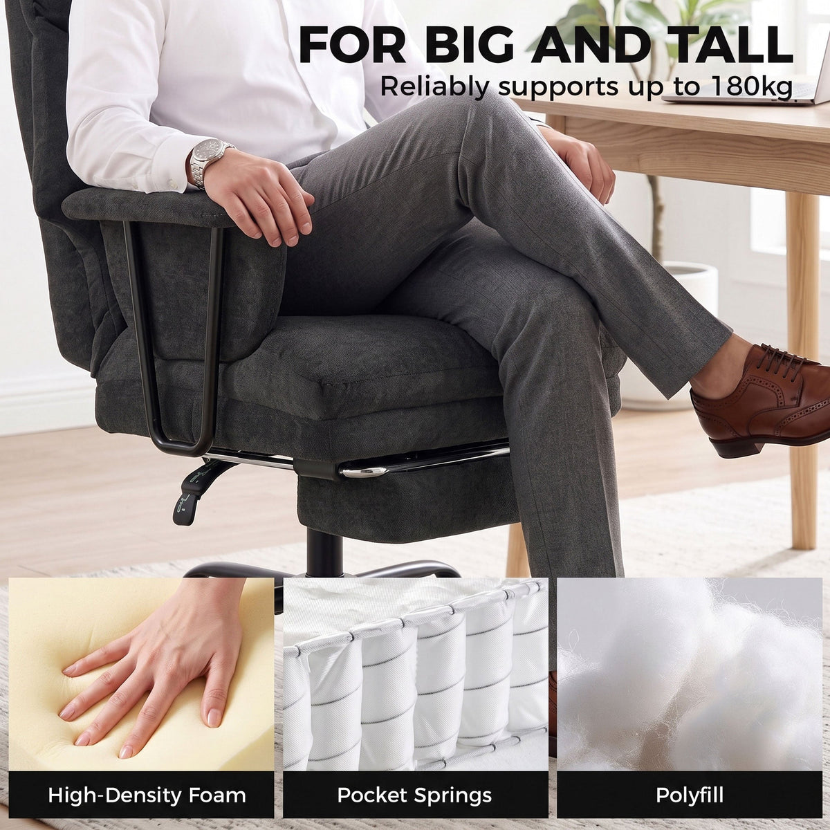 Office Chair, 180kg Heavy Duty Linen Computer Desk Chair with Lumbar Support, Wide Seat, Spring Cushion, Reclining Backrest, Footrest, Swivel Wheels, Black