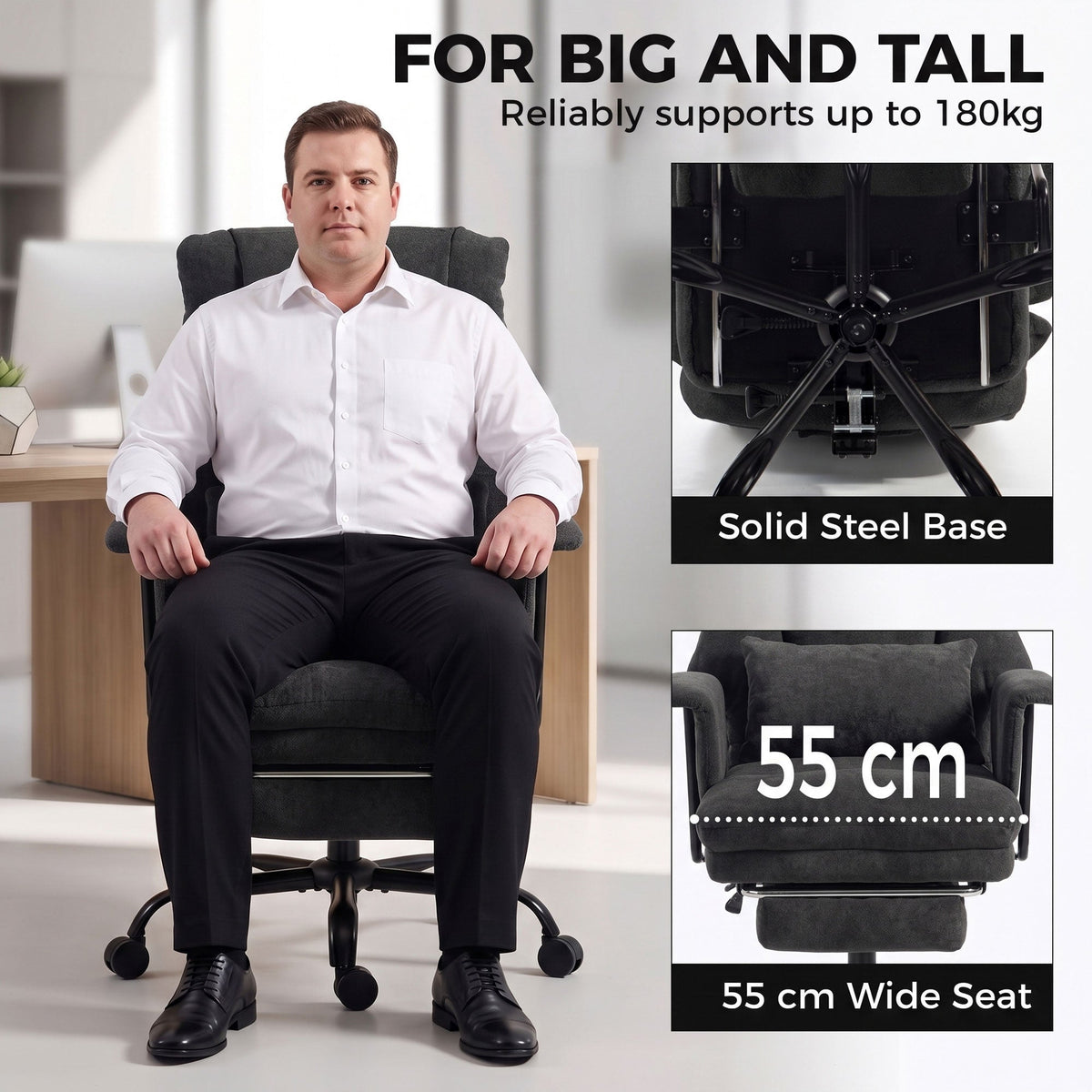 Office Chair, 180kg Heavy Duty Linen Computer Desk Chair with Lumbar Support, Wide Seat, Spring Cushion, Reclining Backrest, Footrest, Swivel Wheels, Black
