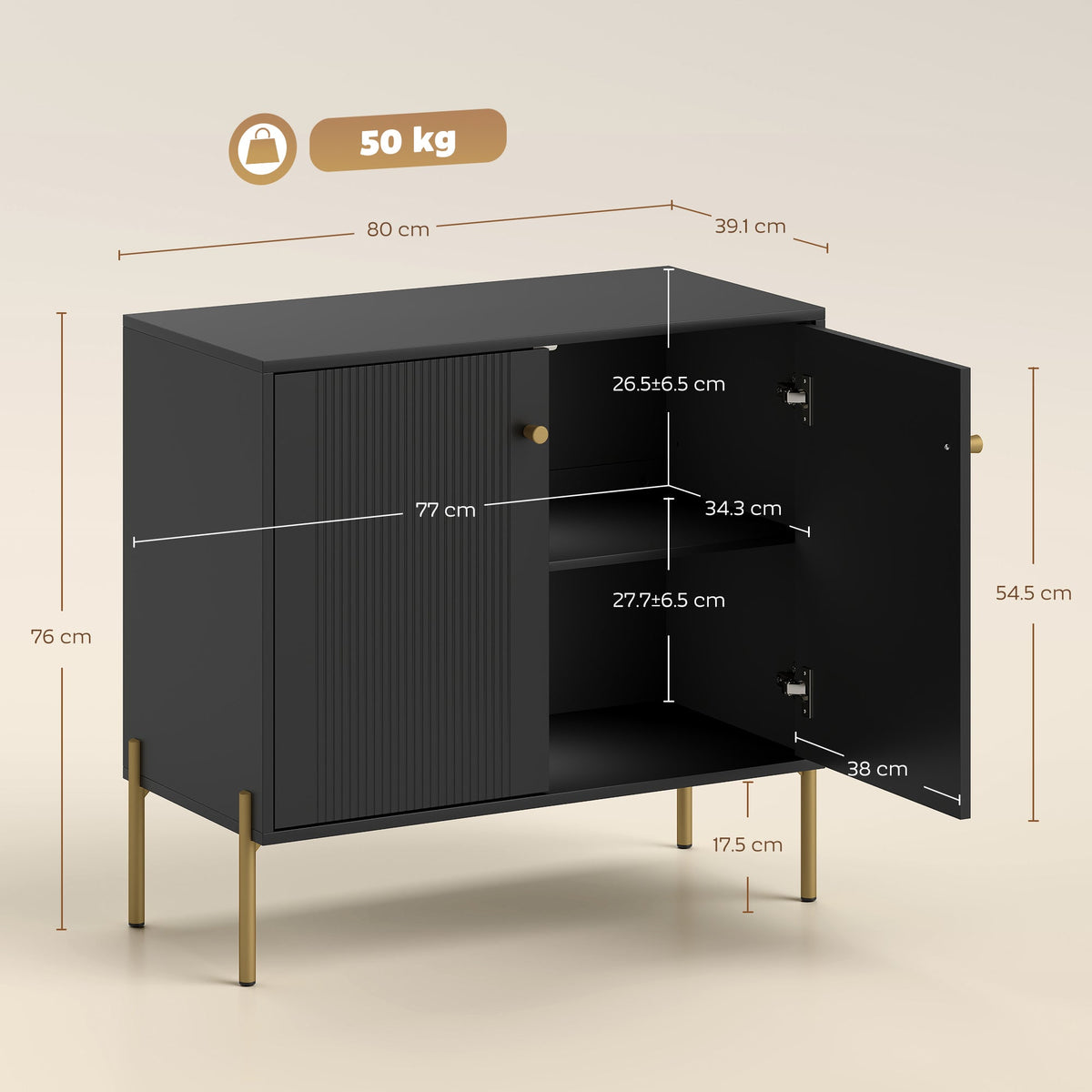 Modern Sideboard Buffet Cabinet with Fluted Doors, Coffee Bar Cabinet with Adjustable Shelf and Steel Legs for Kitchen, Dining Room, Living Room, Black