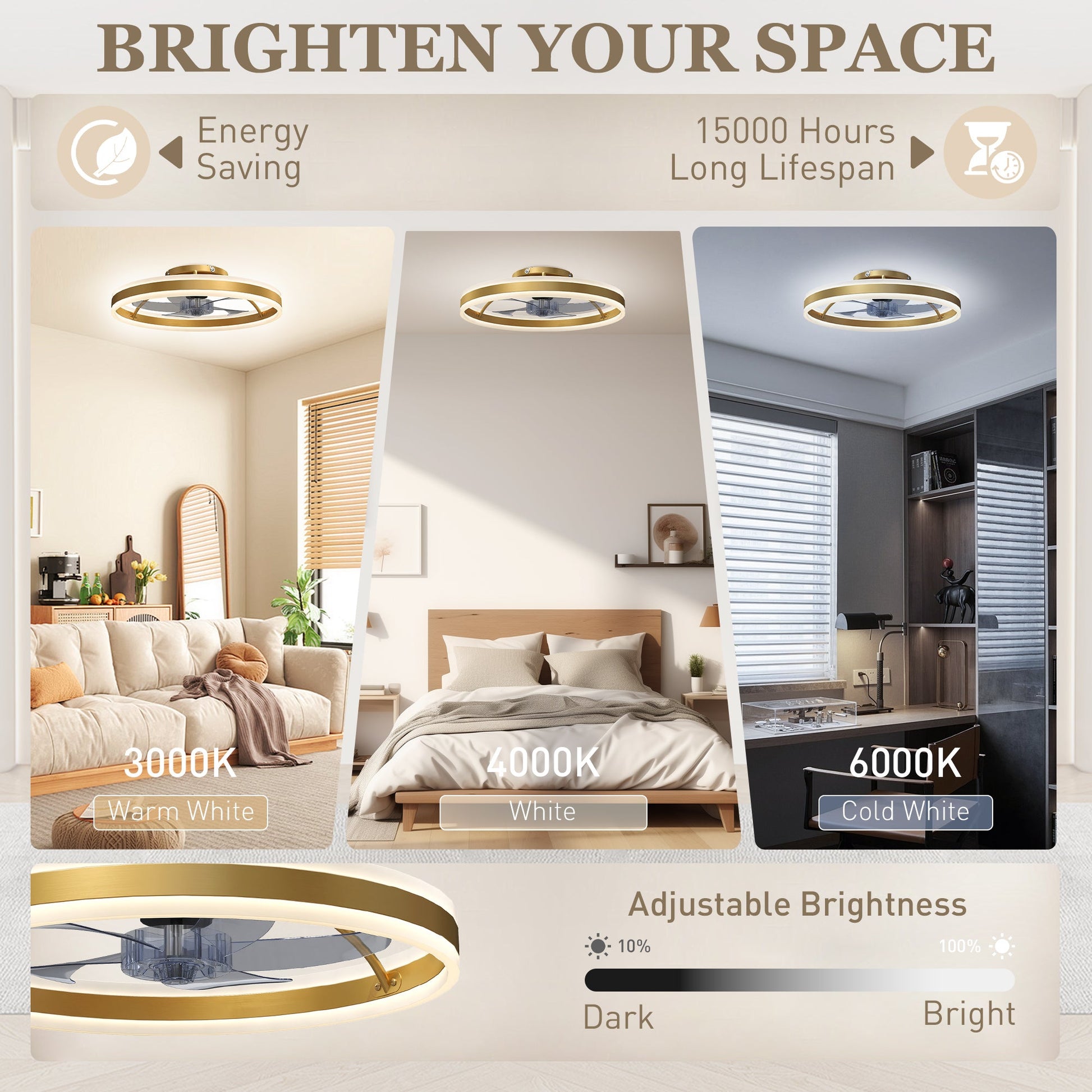 Ceiling Fans with Lights and Remote & App Control, 50 cm Modern LED Ceiling Fan Light with 3 Colour Temperatures, 6 Speed, Dimmable, Timer Quiet Reversible DC Motor, for Bedroom, Gold Tone