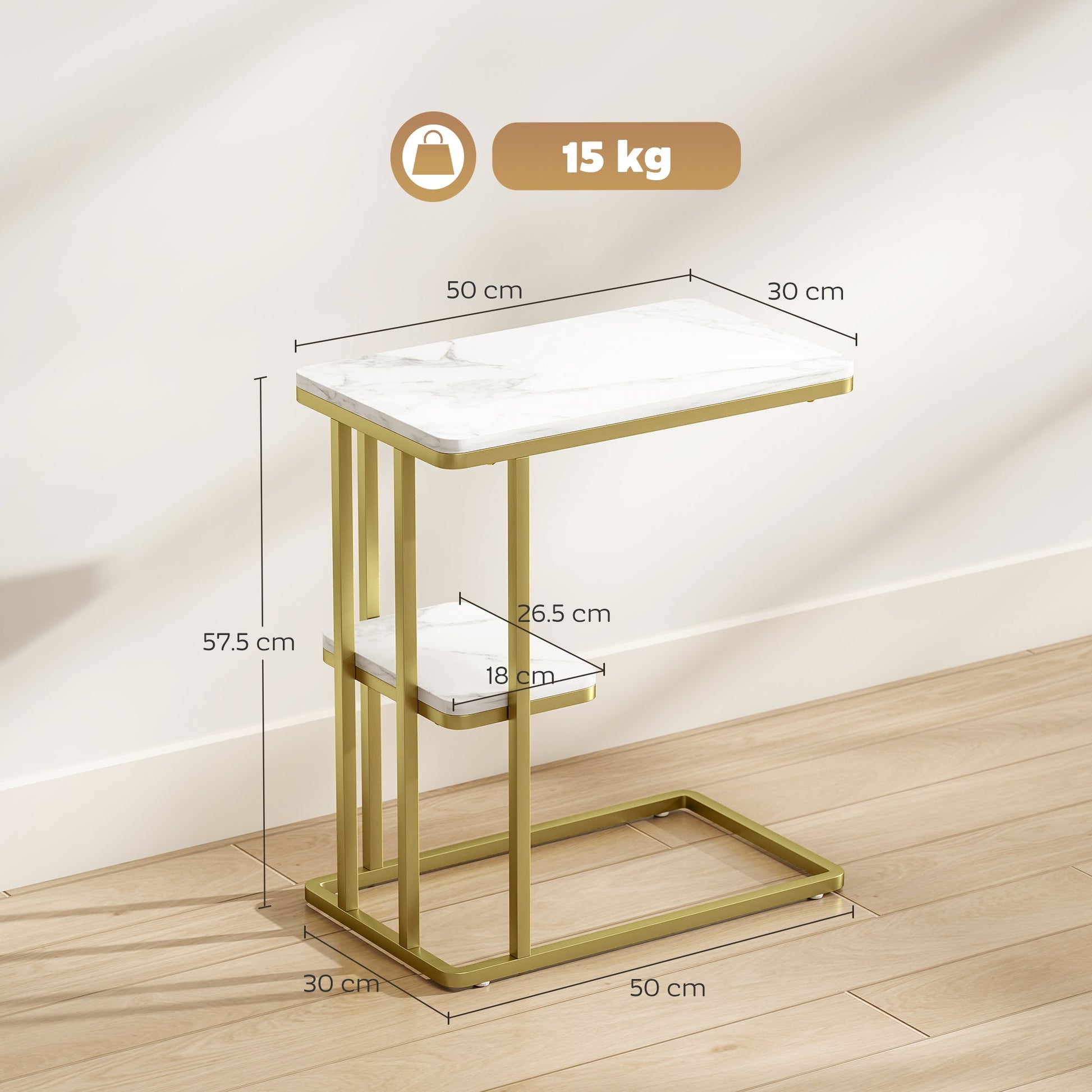 C-Shaped Narrow Side Table, 2-Tier Slim End Table with Storage Shelf, Modern Nightstand for Small Spaces, Living Room, Bedroom, 50 x 30 x 57.5 cm, White Marble Grain