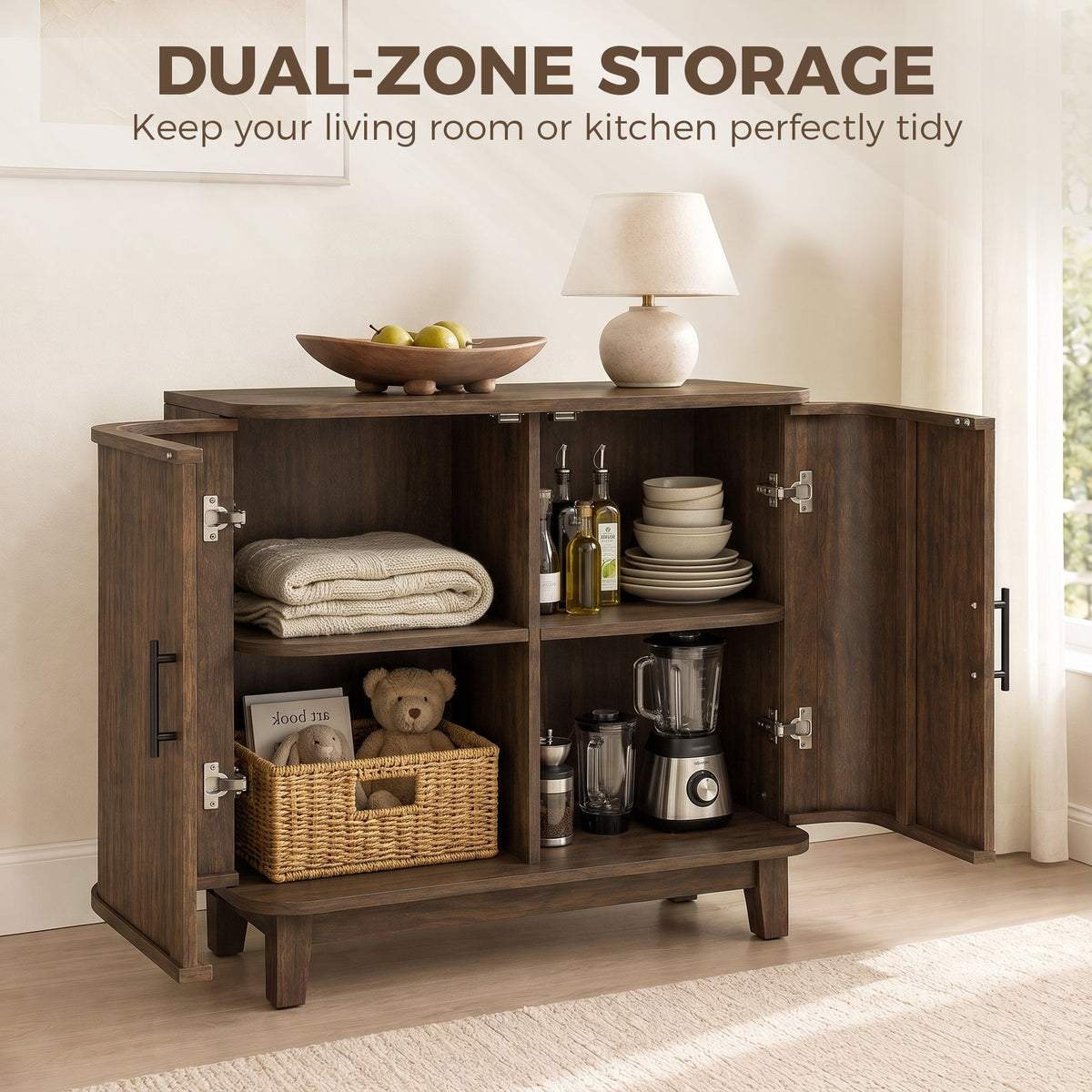 80cm Sideboard Buffet Cabinet, Modern Storage Cabinet with 2 Curved Doors, Adjustable Shelf and Legs for Dining Room, Hallway, Dark Walnut