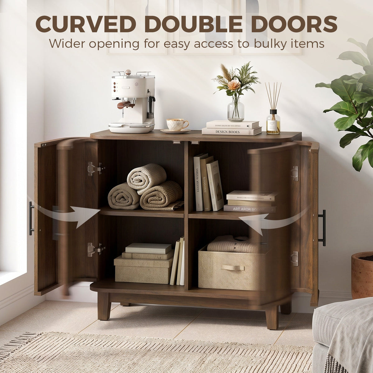 80cm Sideboard Buffet Cabinet, Modern Storage Cabinet with 2 Curved Doors, Adjustable Shelf and Legs for Dining Room, Hallway, Dark Walnut