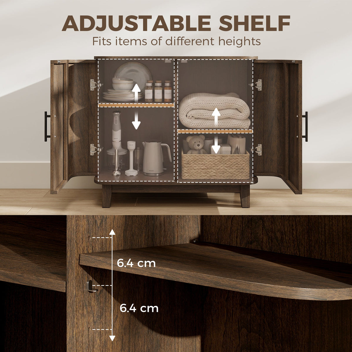 80cm Sideboard Buffet Cabinet, Modern Storage Cabinet with 2 Curved Doors, Adjustable Shelf and Legs for Dining Room, Hallway, Dark Walnut