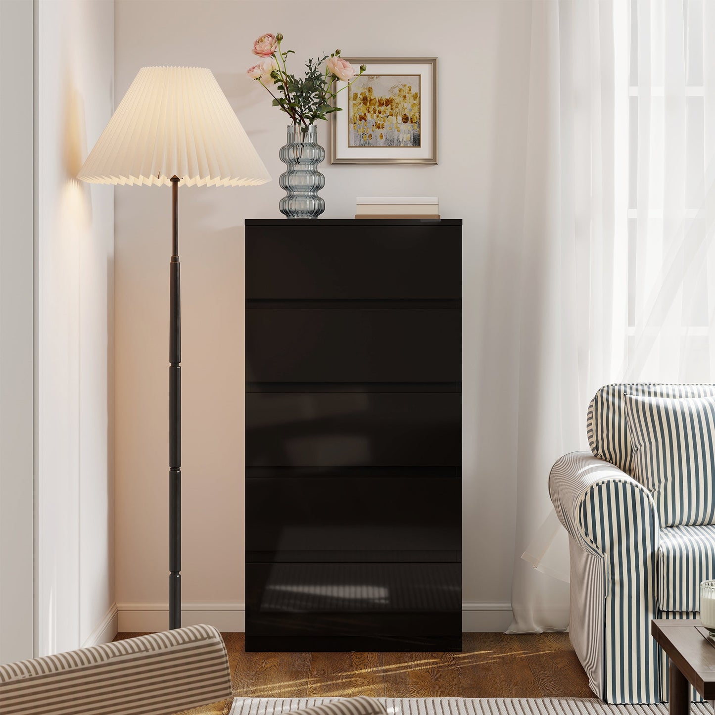 Chest of Drawers, 5 Drawers Storage Cabinet Floor Tower Cupboard for Bedroom Living Room, High Gloss Black
