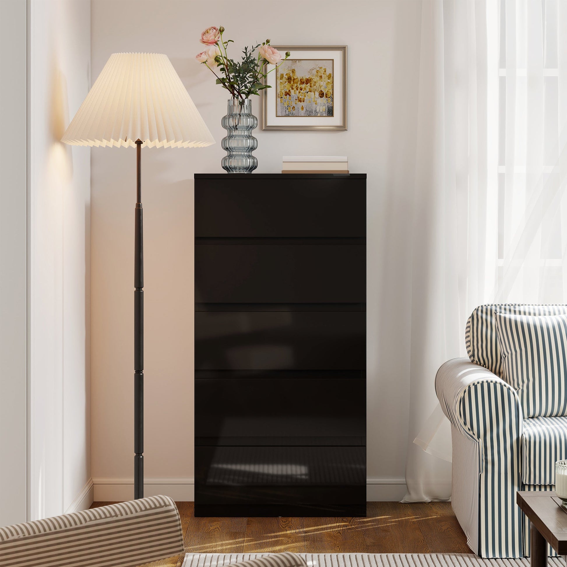 Chest of Drawers, 5 Drawers Storage Cabinet Floor Tower Cupboard for Bedroom Living Room, High Gloss Black