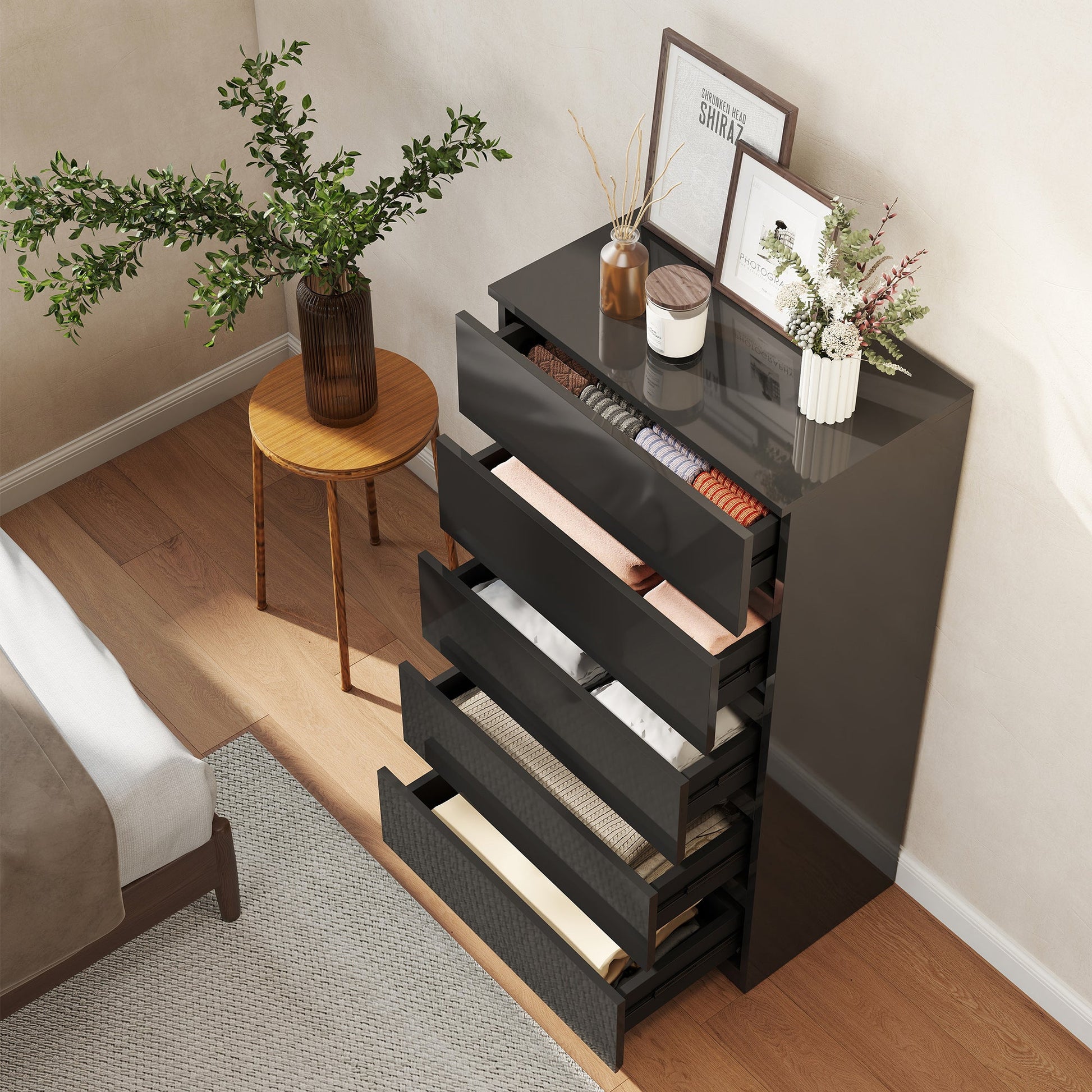 Chest of Drawers, 5 Drawers Storage Cabinet Floor Tower Cupboard for Bedroom Living Room, High Gloss Black