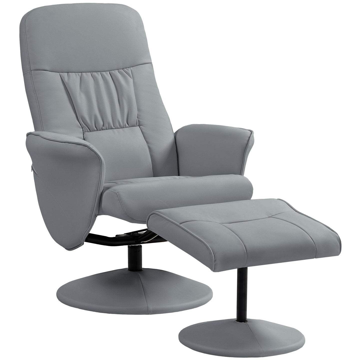 HOMCOM Swivel Recliner Chair with Footstool, PU Leather Armchair and Ottoman with High Back and Round Base for Living Room, Light Grey