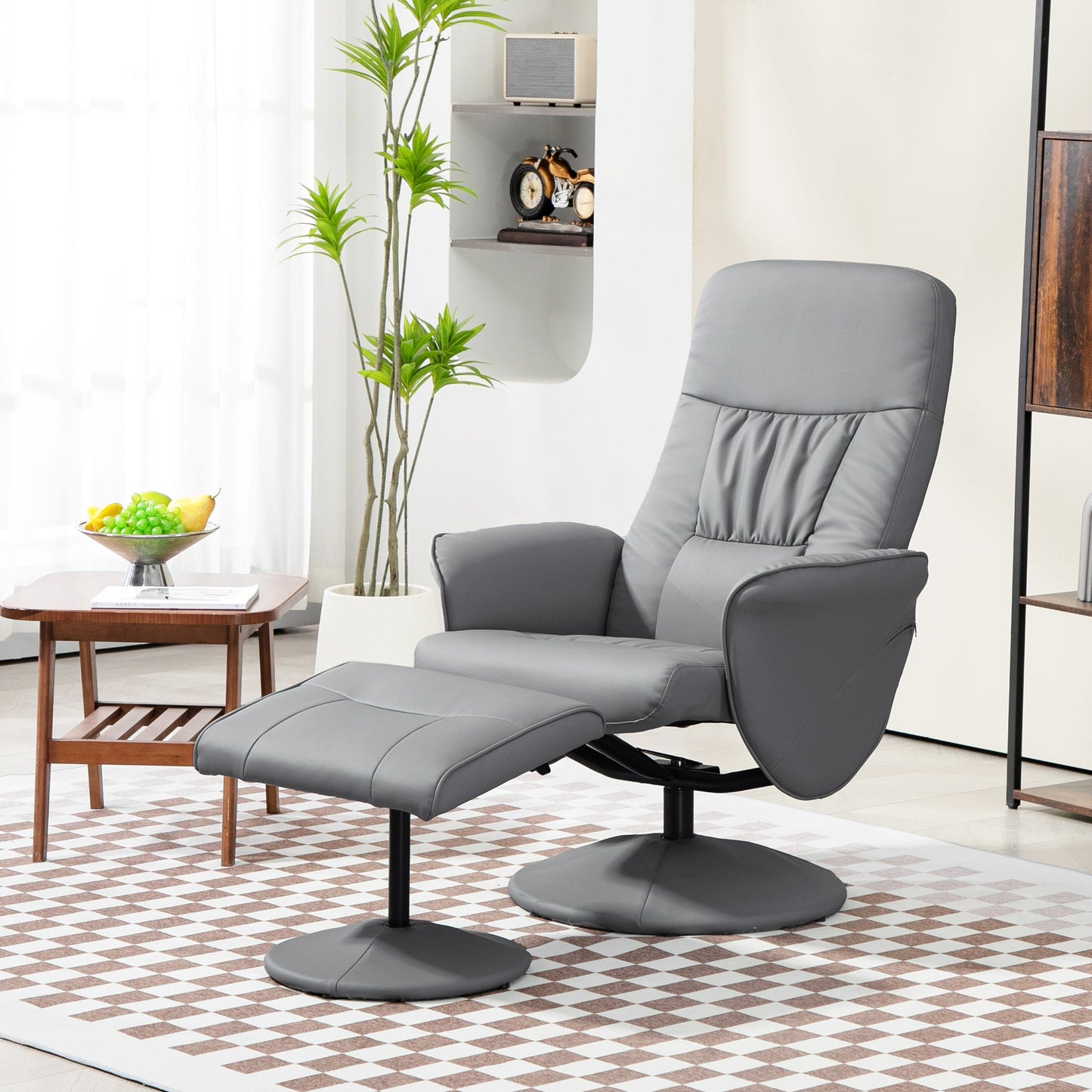 HOMCOM Swivel Recliner Chair with Footstool, PU Leather Armchair and Ottoman with High Back and Round Base for Living Room, Light Grey