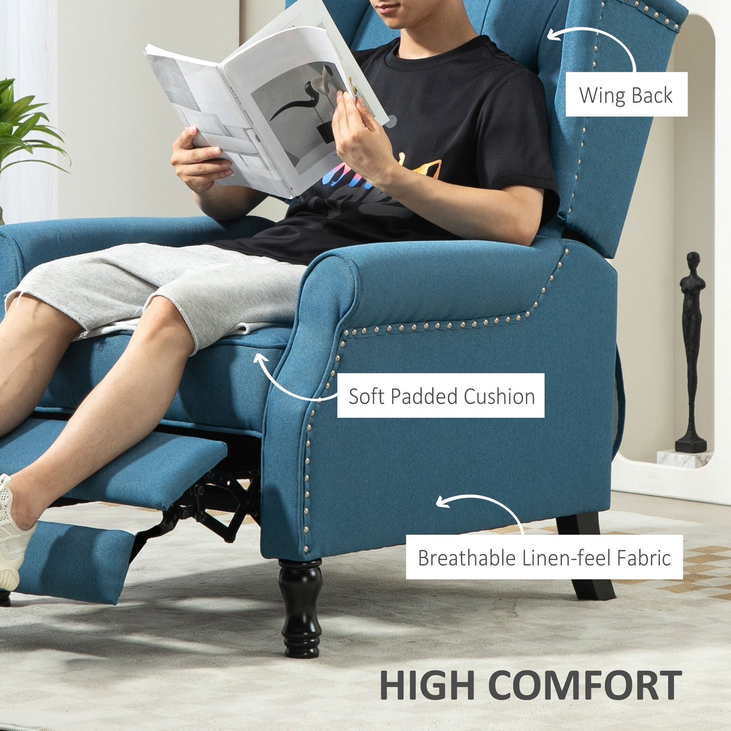 HOMCOM Recliner Armchair, Vintage Reclining Chair with Nail Head Trim, Wingback Chair with Button Tufted Back and Footrest, for Living Room, Blue