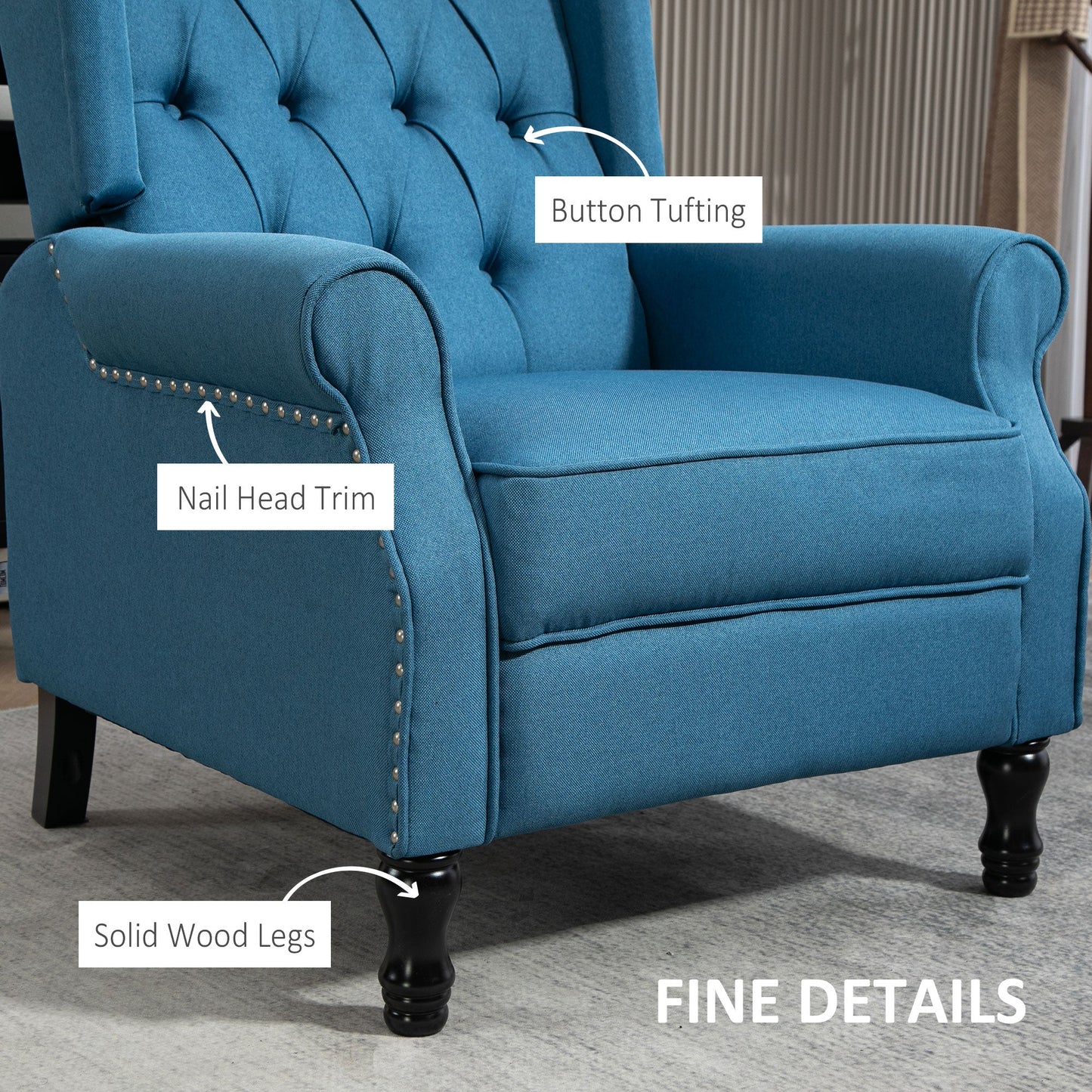HOMCOM Recliner Armchair, Vintage Reclining Chair with Nail Head Trim, Wingback Chair with Button Tufted Back and Footrest, for Living Room, Blue
