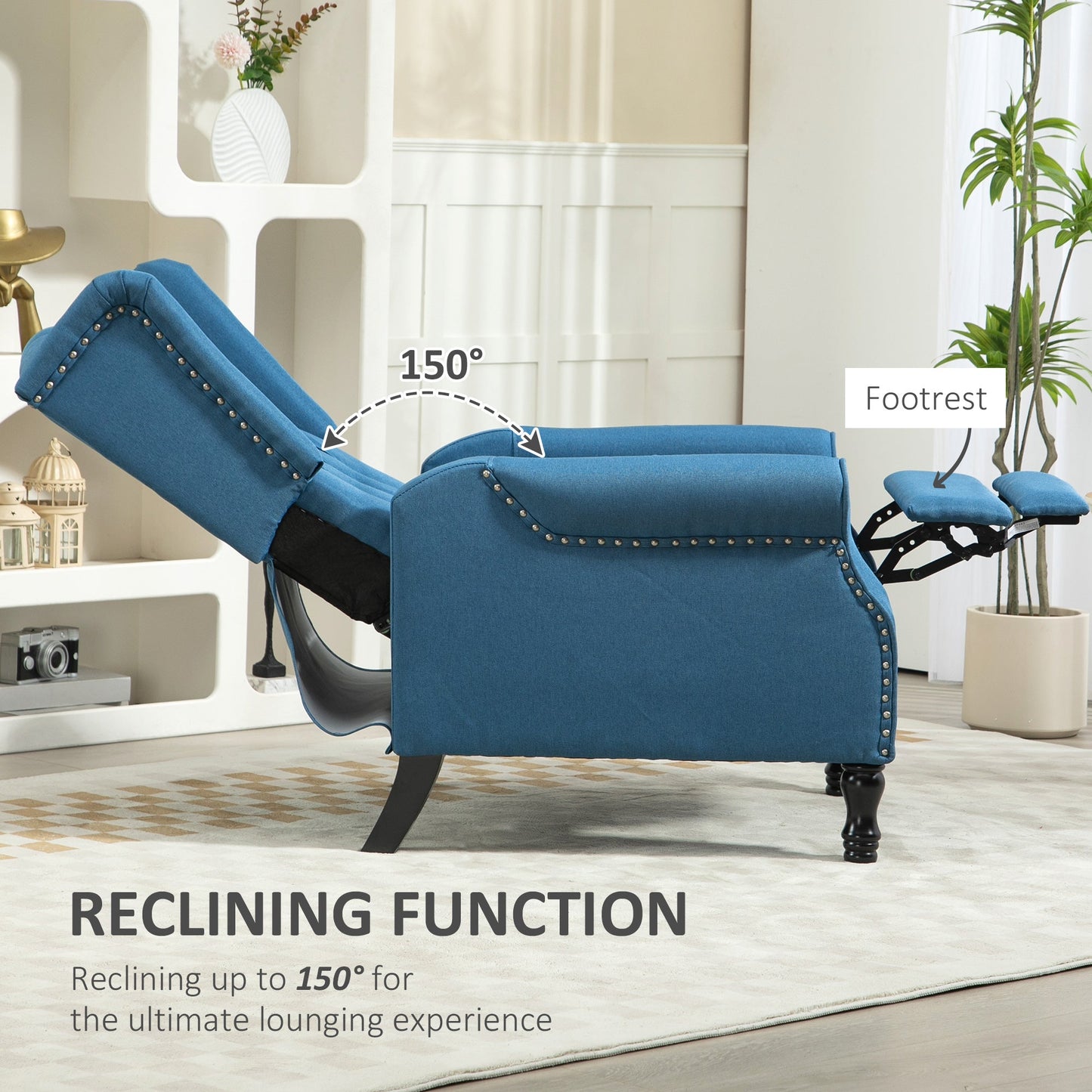 HOMCOM Recliner Armchair, Vintage Reclining Chair with Nail Head Trim, Wingback Chair with Button Tufted Back and Footrest, for Living Room, Blue